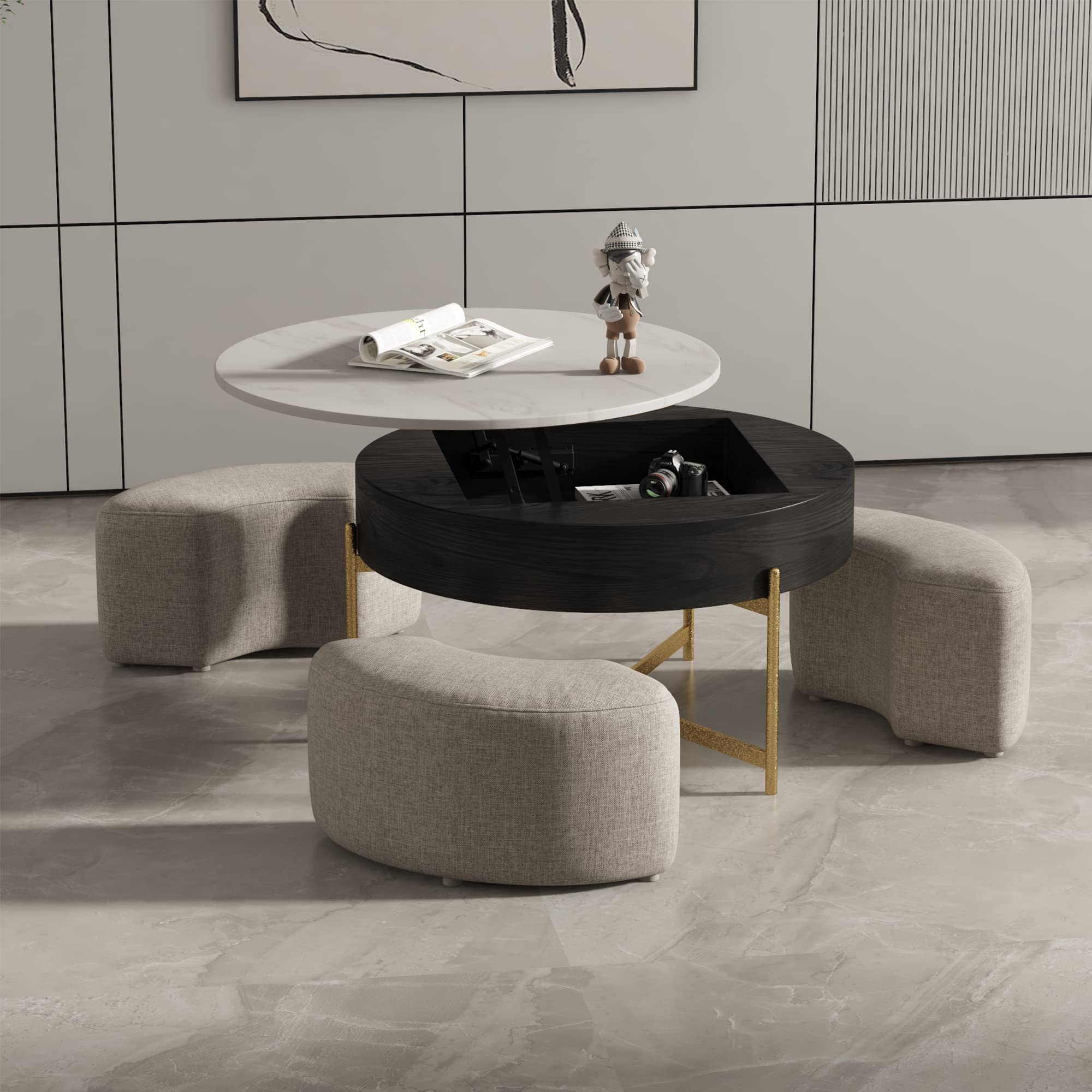 Lift Top Round Coffee Table with Stools - Modern Nesting Coffee Table Set with Hidden Storage | Black Marble End Table for Living Room, Home & Office | Perfect for Small Spaces, Entertaining & Storage Solutions