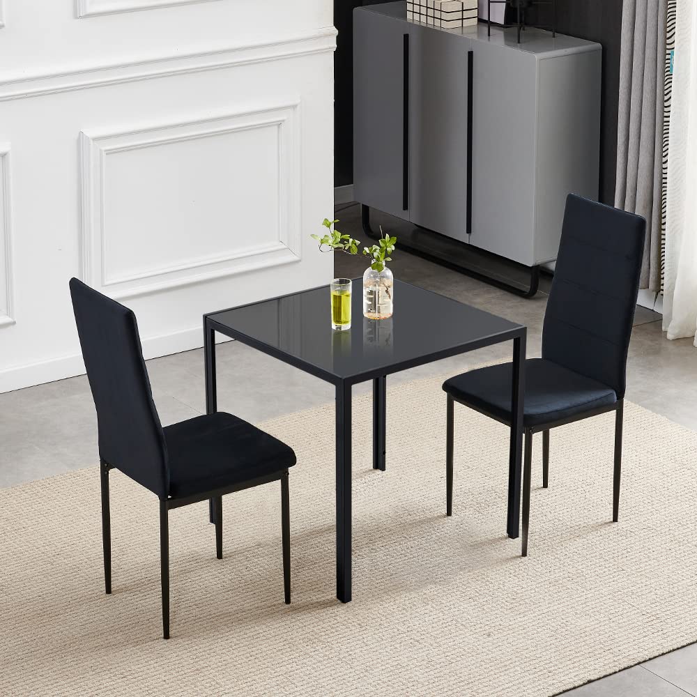3-Piece Modern Black Glass Dining Table Set with 2 Velvet Chairs - Square Kitchen Table for Small Spaces - Perfect for Breakfast Nook, Apartment Dining, and Cozy Home Decor