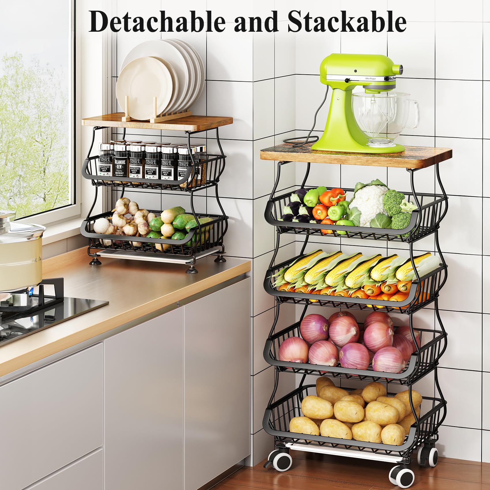 Wooden Top Metal Wire Basket Stand - Stackable Kitchen Pantry Organizer for Fruits, Vegetables, Snacks, Jars & Containers | Black Storage Cart for Home, Office or Restaurant Use
