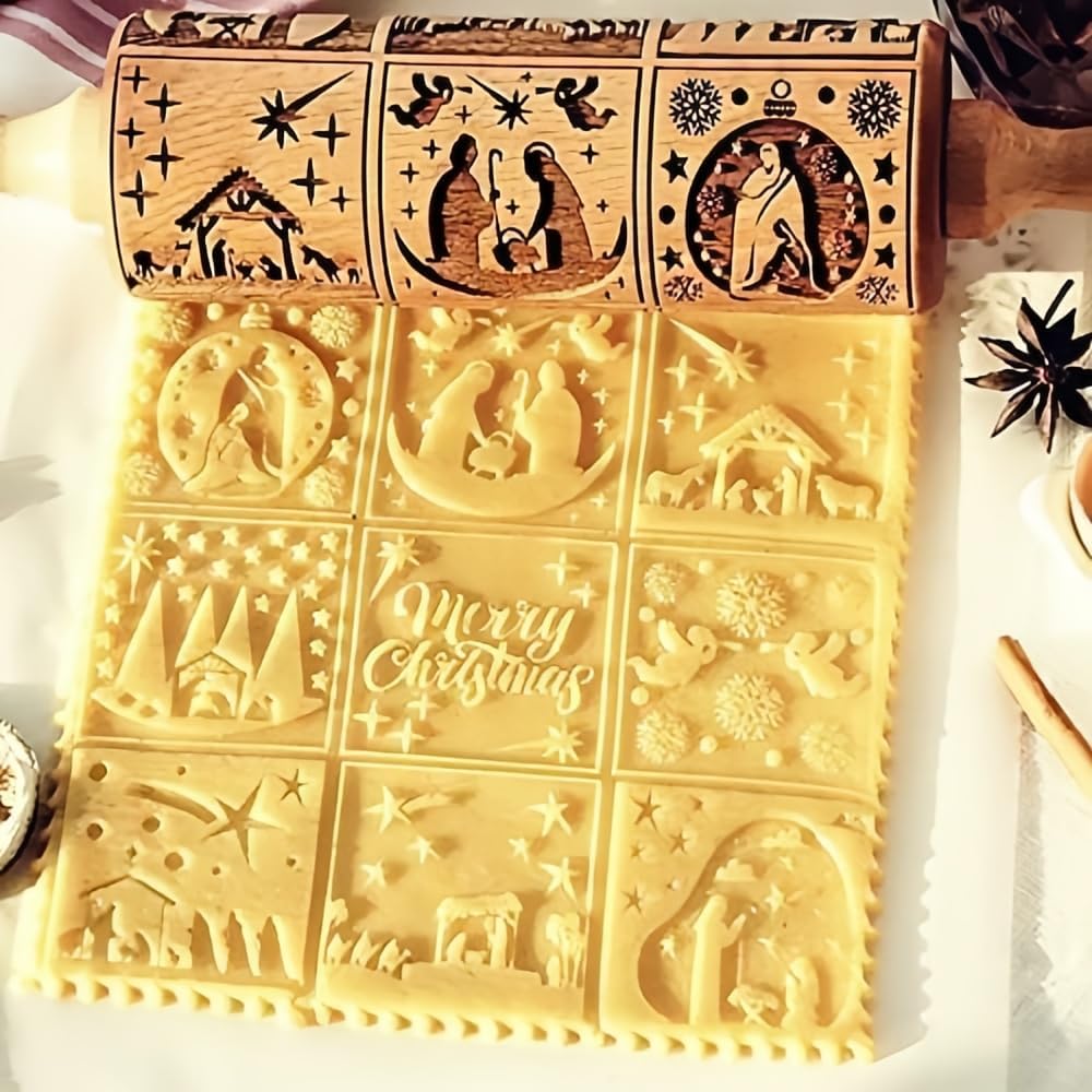 Christmas Wooden Rolling Pin for Baking - Engraved Embossing Cookie Stamps Roller with Square Grid Design for DIY Cookies, Jesus Nine Palaces Pattern - Perfect for Holiday Baking, Cookie Decorating, and Kitchen Gifts for Kids & Adults