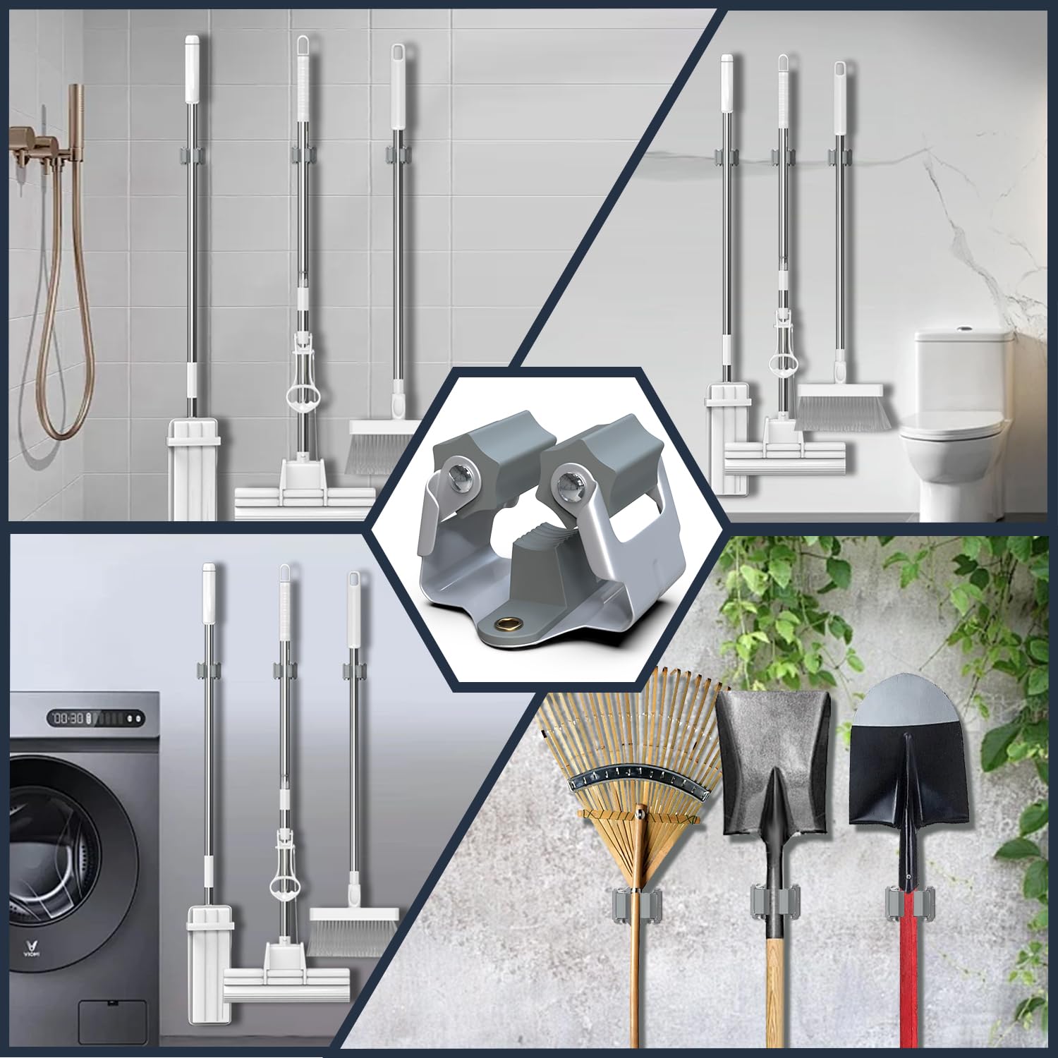 **6-Pack Heavy Duty Wall Mount Broom Holder - 3-H Mop and Broom Hanger Organizer for Shovels, Rakes & Yard Tools - 1KG Capacity, Space-Saving Grey Storage for Shed, Kitchen, Laundry, Bathroom & Garden**