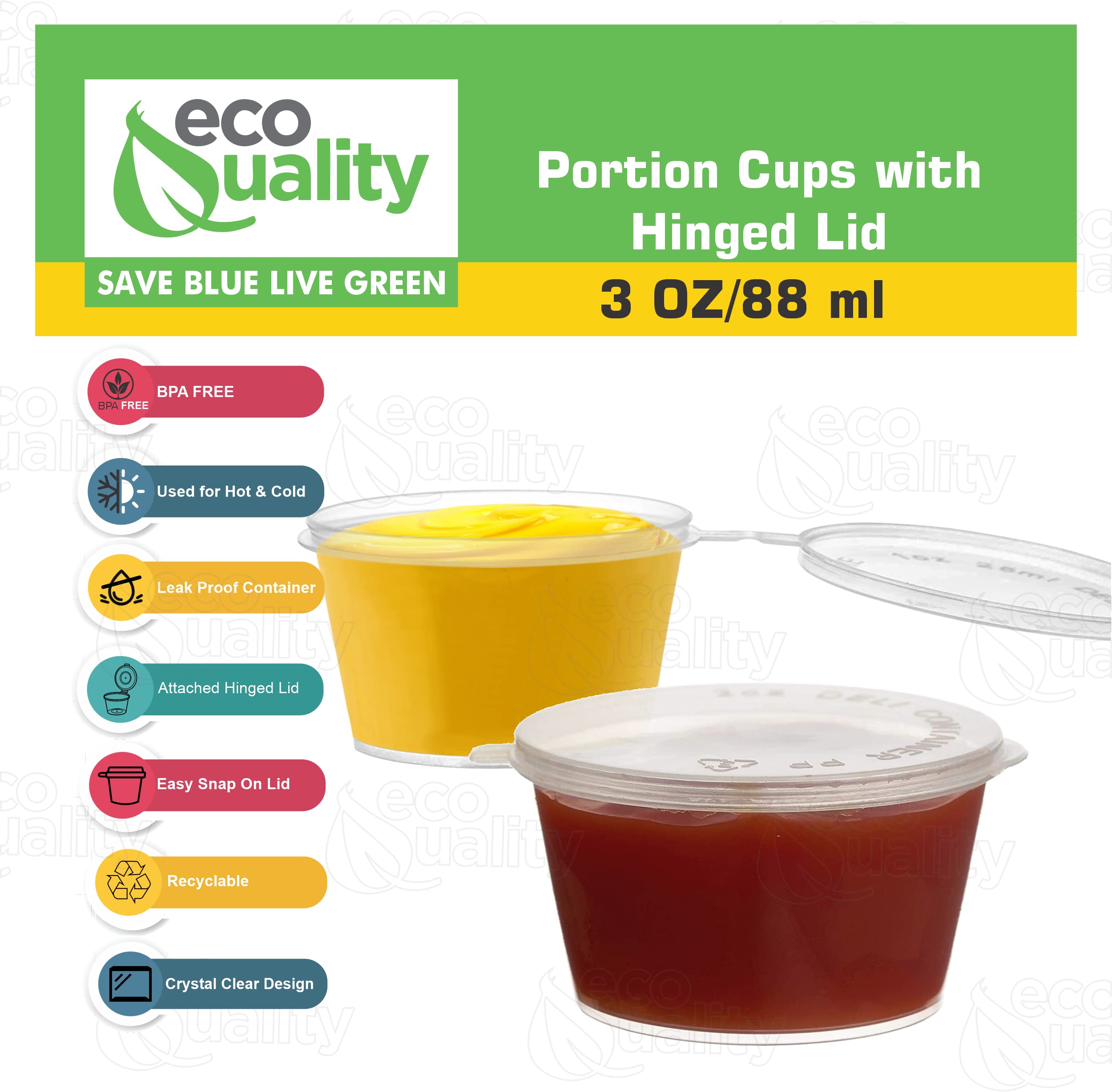 EcoQuality [2000 Pack] 3 Oz Leak Proof Plastic Condiment Cups with Hinged Lids - Perfect for Sauces, Jello Shots, Food Storage, Party Favors & Restaurant Use - Durable Portion Containers for Takeout, Catering & Home Kitchen Organization