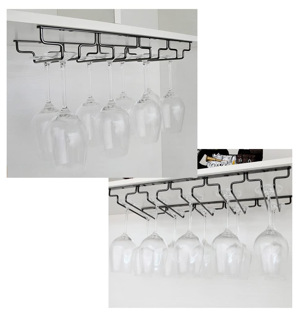 White 6-Slot Under Cabinet Hanging Wine Glass Rack - Stemware Holder for Kitchen, Bar & Dining Room Storage - Space-Saving Shelf Organizer for Wine Glasses & Cups