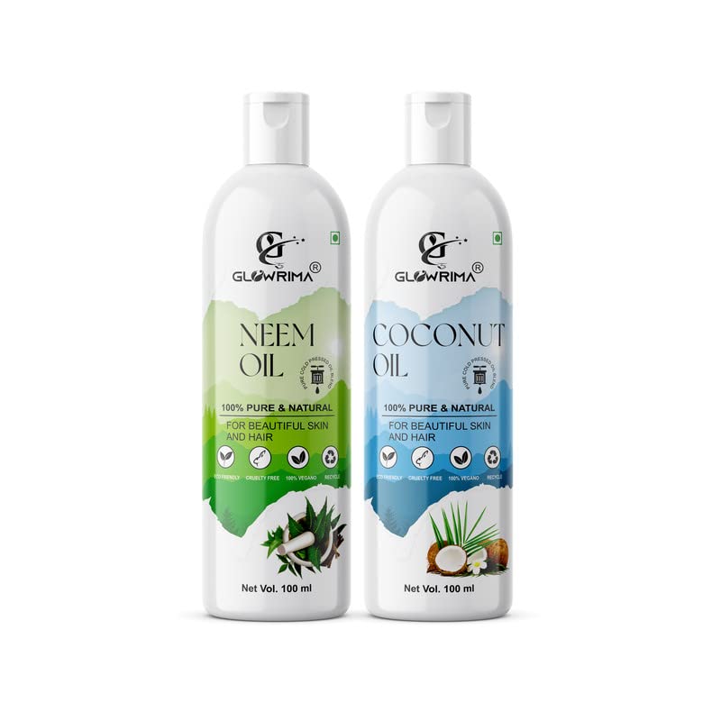 Glowrima 100% Pure Neem Oil & Coconut Oil Combo (100ML Each) - Promotes Rapid Hair Growth, Reduces Hair Fall & Split Ends for Softer, Shinier Hair - Perfect for Daily Hair Care & Scalp Treatment at Home