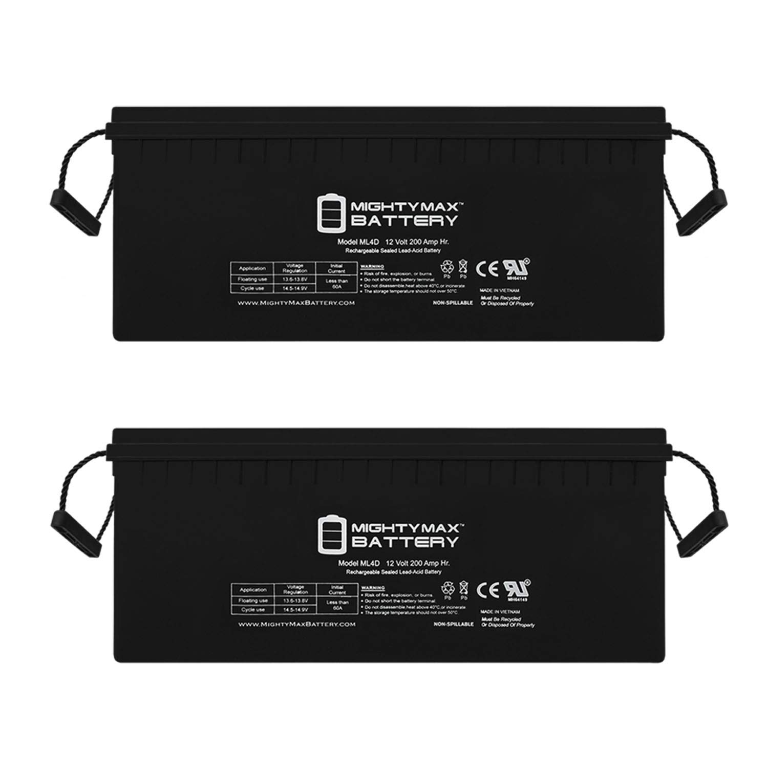 Mighty Max 12V 200Ah 4D SLA AGM Deep Cycle Battery - 2 Pack for Sailboats, RVs, Solar Systems & Marine Applications