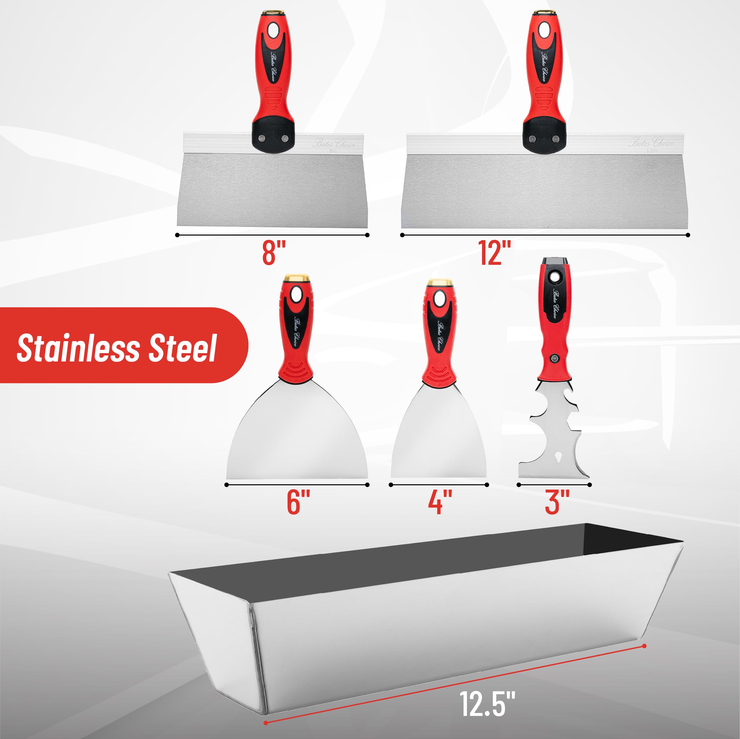Bates 6-Piece Drywall Knife Set - Professional Drywall Finishing Tools with Mud Pan & Spackle Tools - Perfect for Wall Repair, Patching Holes & Smoothing Joint Compound - Essential for DIY Home Renovation & Construction Projects