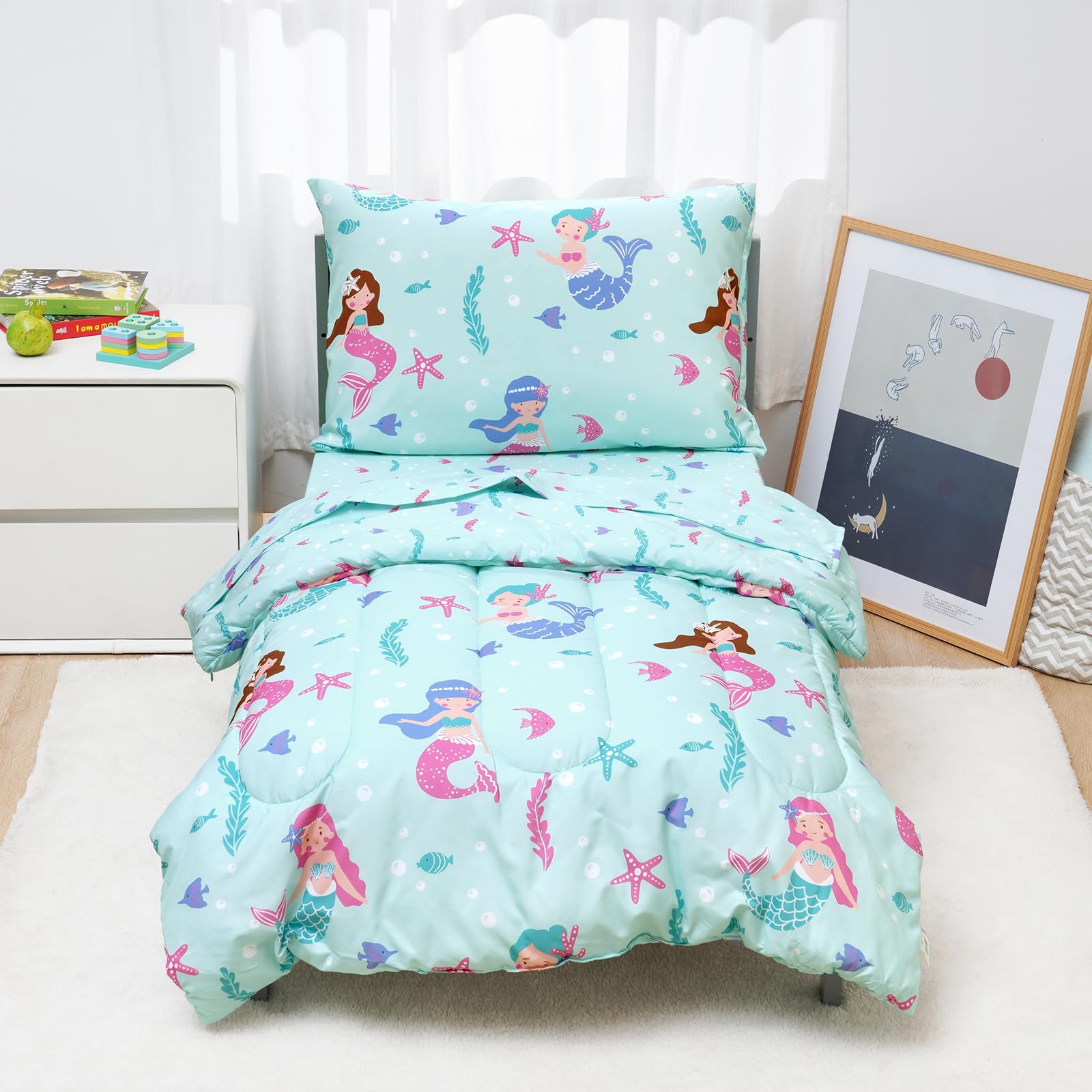 David's Kids 4-Piece Toddler Bedding Set - Soft & Breathable Crib Bedding for Boys & Girls, Includes Quilted Comforter, Flat Sheet, Fitted Sheet & Pillowcase - Mermaid Theme - Perfect for Nursery, Daycare & Toddler Rooms