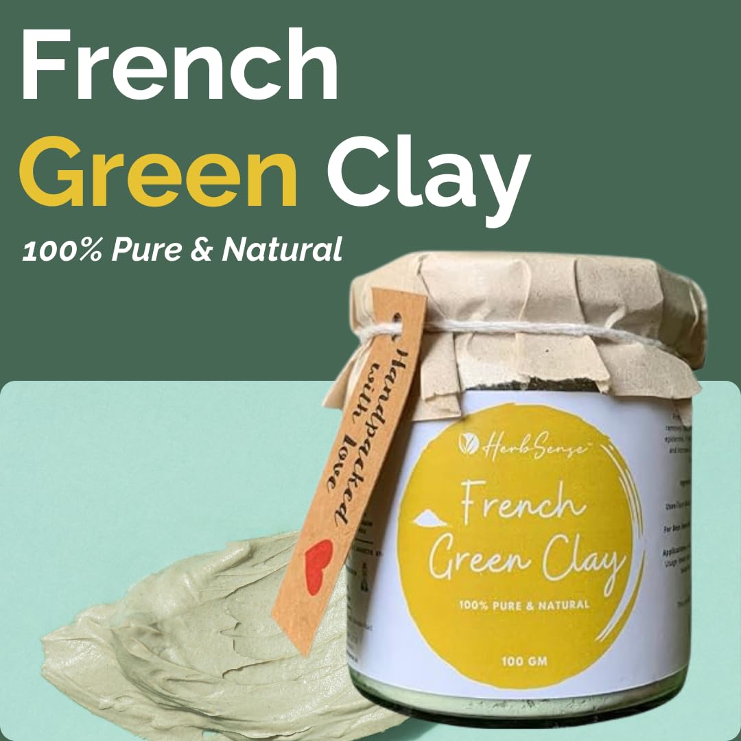 Herbsense French Green Clay Powder Mask - Deep Cleansing & Detoxifying Face Mask for Glowing, Healthy Skin | 100g Glass Jar | Perfect for Spa Days & At-Home Skincare Routines
