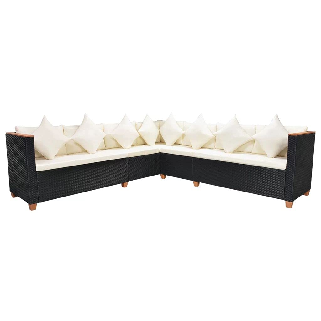 6-Piece Black Poly Rattan Garden Lounge Set with Cushions - Outdoor Patio Furniture for Backyard, Porch, Poolside & Indoor Use - Perfect for Relaxing, Entertaining & Sunbathing