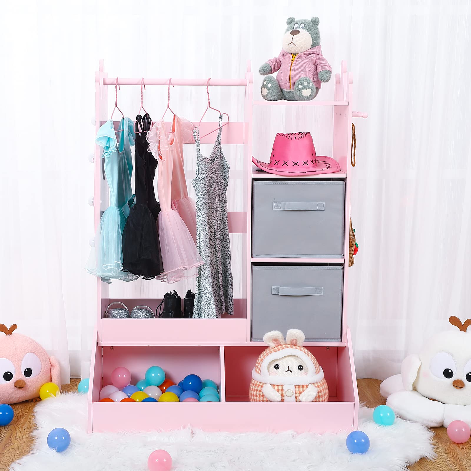 Bophy Girls' Dress Up Storage Organizer with LED Light & Mirror - Kids Clothing Rack with Storage Bin, Open Hanging Armoire Closet for Bedroom (Pink) - Perfect for Organizing Dresses, Costumes & Accessories in Kids Room or Play Area