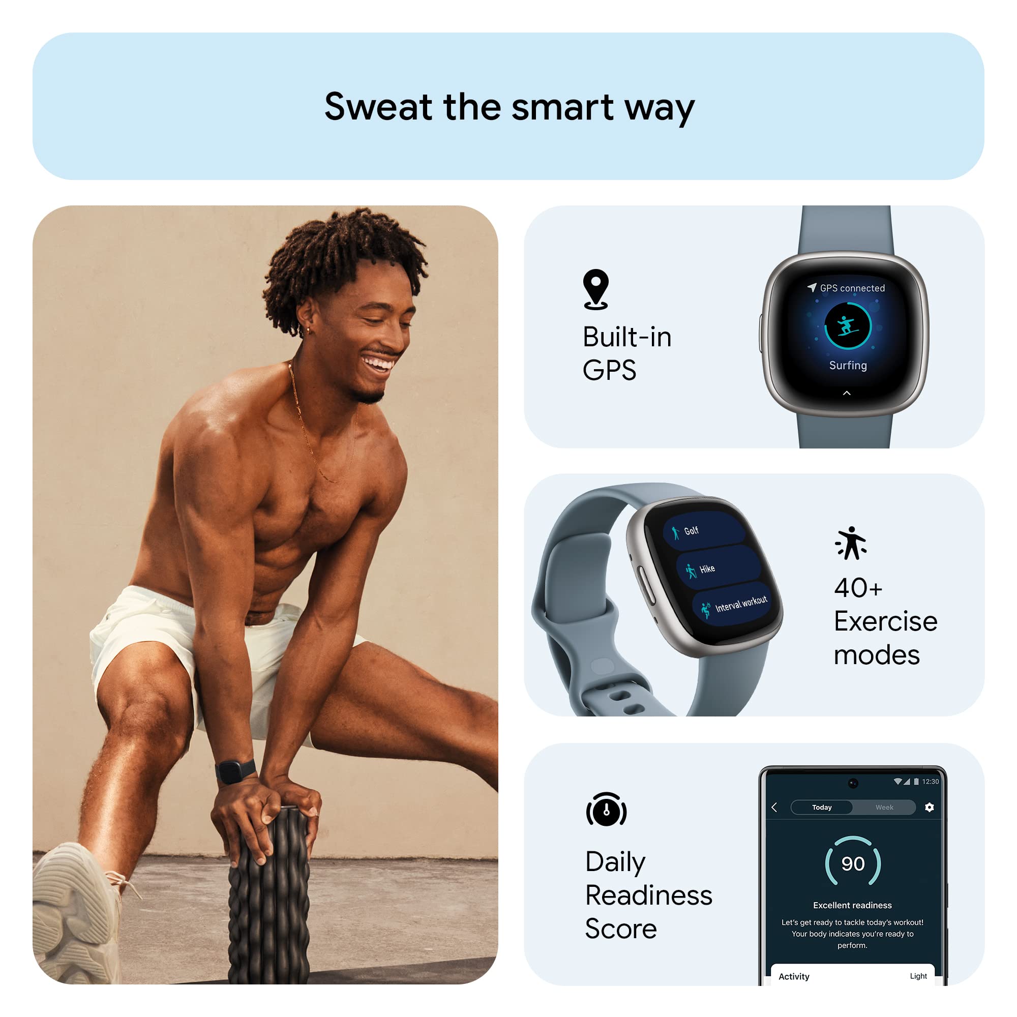 Fitbit Versa 4 Smart Watch - Fitness Tracker with GPS, Heart Rate Monitor, 40+ Exercise Modes, Sleep Tracking & Daily Readiness - Waterfall Blue/Platinum (Includes S & L Bands) - Perfect for Running, Swimming & Daily Activity Tracking