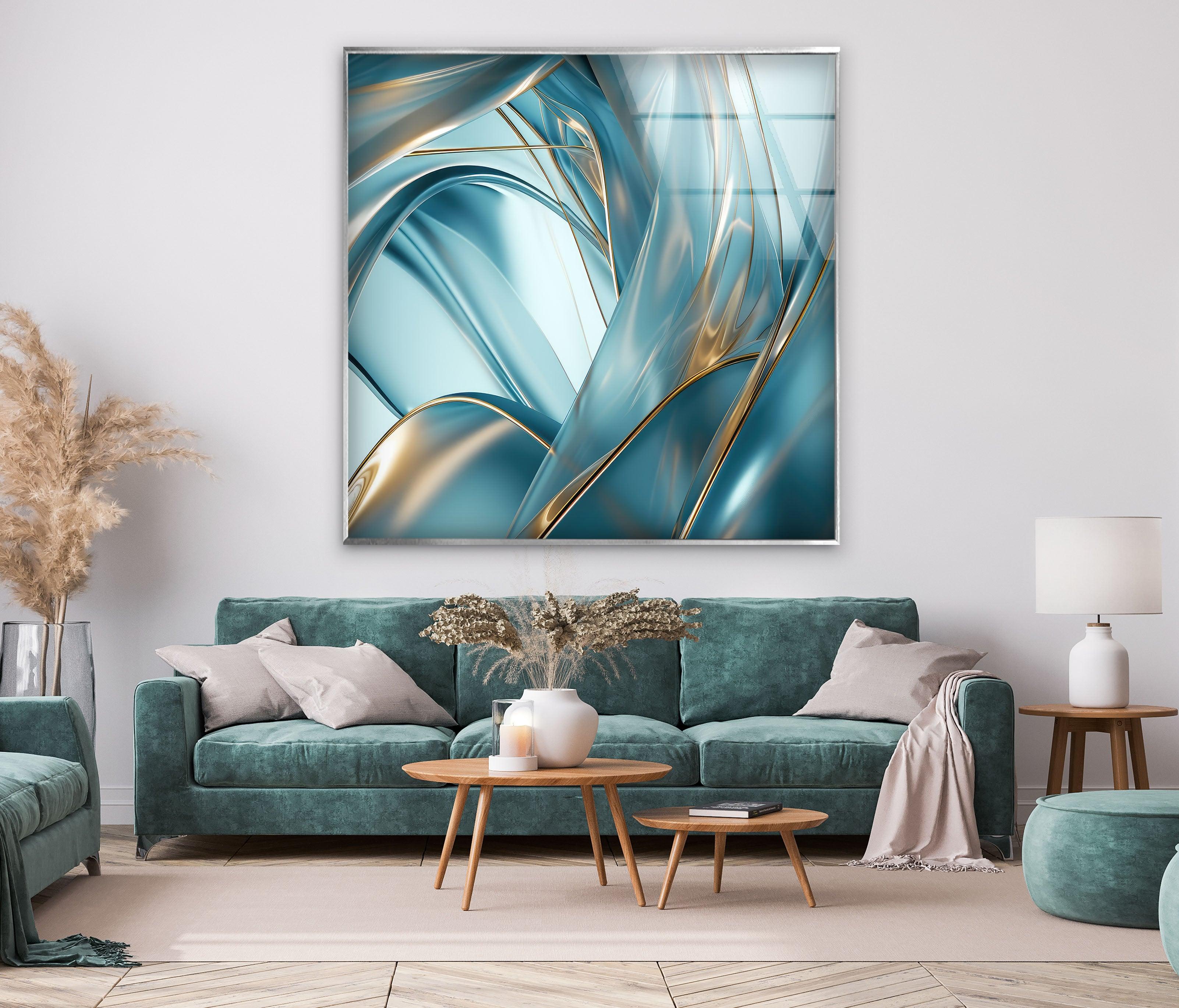 Blue Bold Lines Abstract Glass Wall Art - Modern Home Decor for Living Room, Bedroom & Office - Handmade Glass Painting for Unique Interior Design