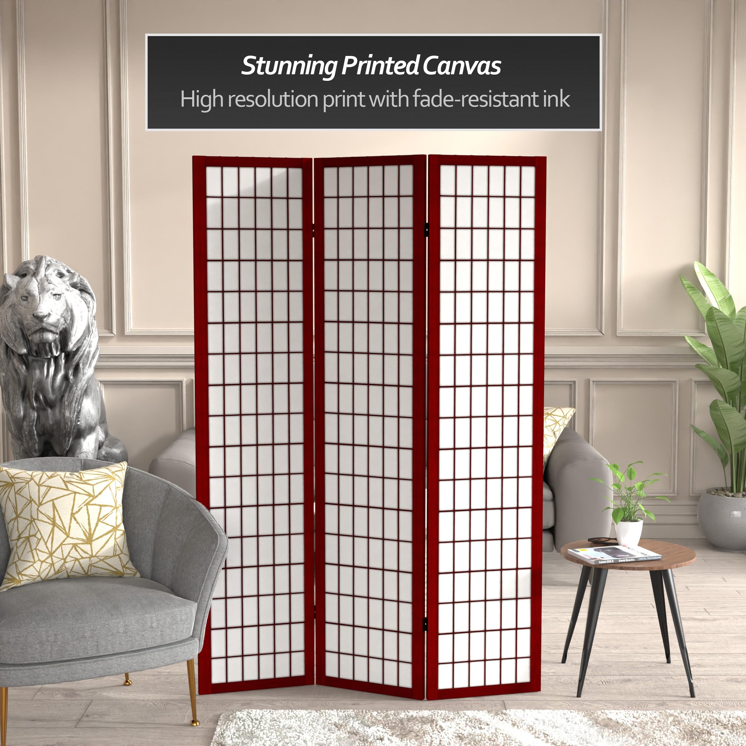 6 ft Tall Red Lantern Canvas Window Pane Rosewood Room Divider - 3 Panel Folding Privacy Screen for Living Room, Bedroom & Office Partition