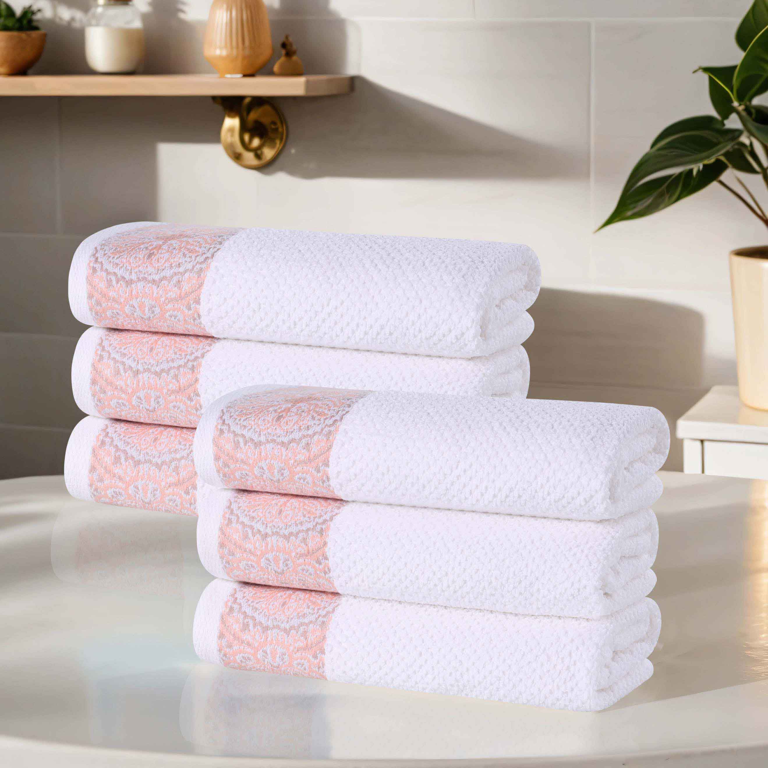 Premium Medallion Cotton Jacquard Textured Hand Towels - 6-Piece Set for Bathroom, Kitchen & Guest Use | Soft & Absorbent Luxury Towels for Home Decor
