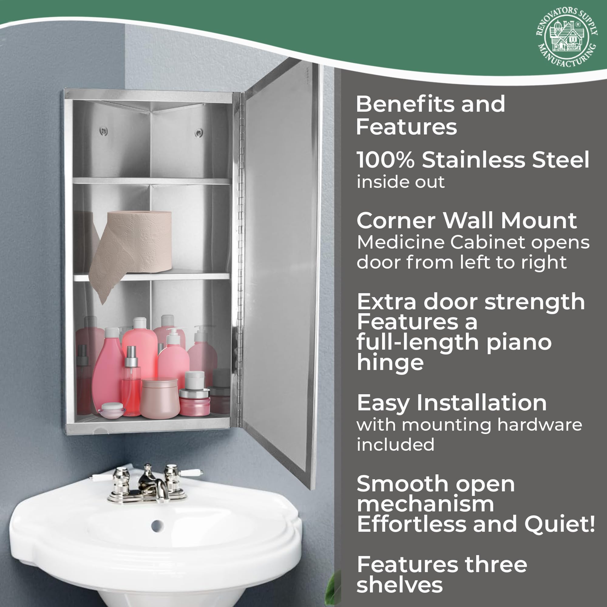Renovators Supply Infinity Corner Medicine Cabinet with Mirror - Triple Shelf Storage, Modern Wall Mount Bathroom Cabinet - 23.6 Inch Left Open Brushed Stainless Steel (Pack of 1) - Perfect for Small Bathrooms, Vanities & Space-Saving Storage Solutions