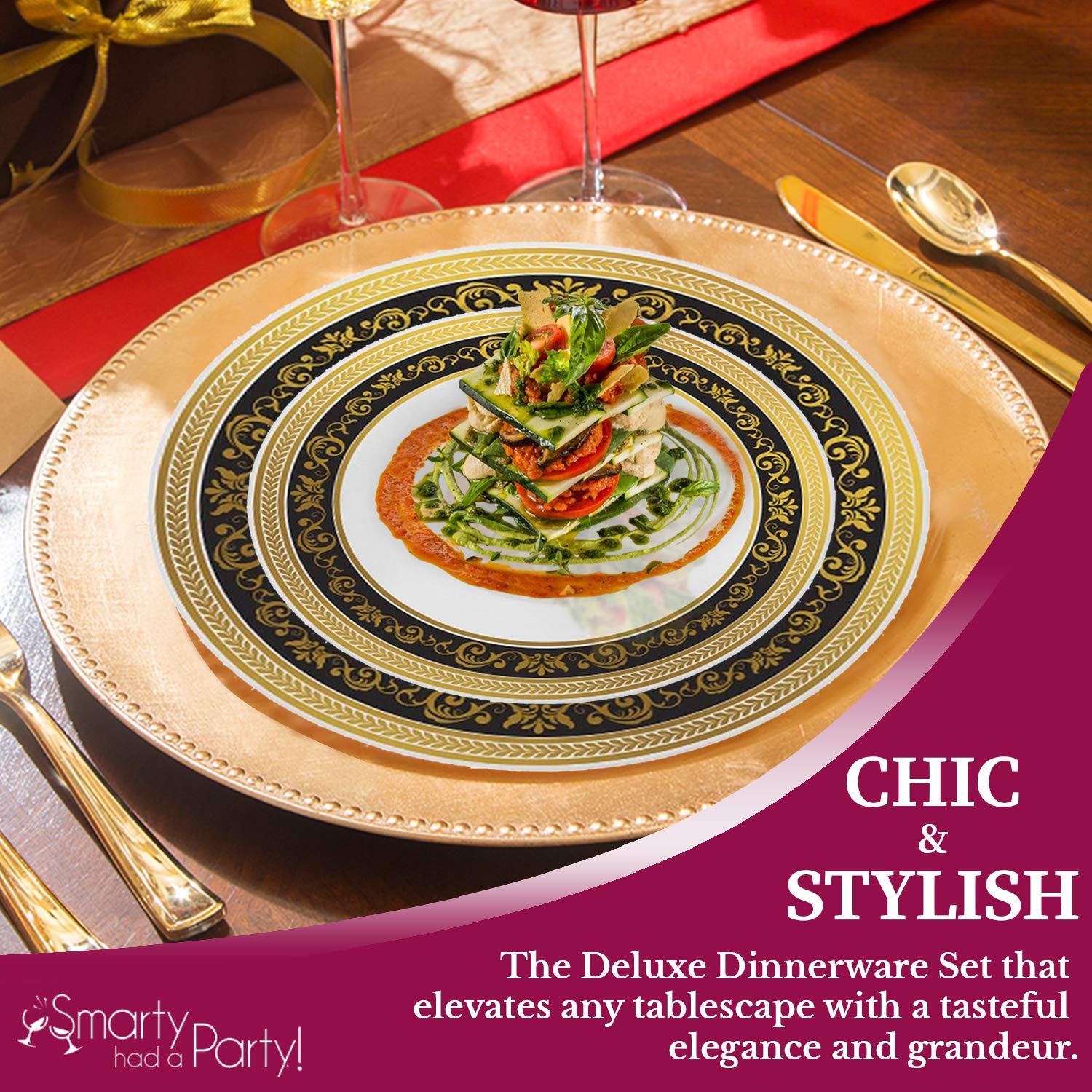 Premium Disposable Plastic Dinnerware Set for 60 Guests - Elegant White with Black & Gold Trim Plates, Dessert Plates, Cutlery & Cups - Perfect for Weddings, Birthdays, Parties & Special Events - Ideal for Upscale Catering, Outdoor Gatherings & Formal Celebrations