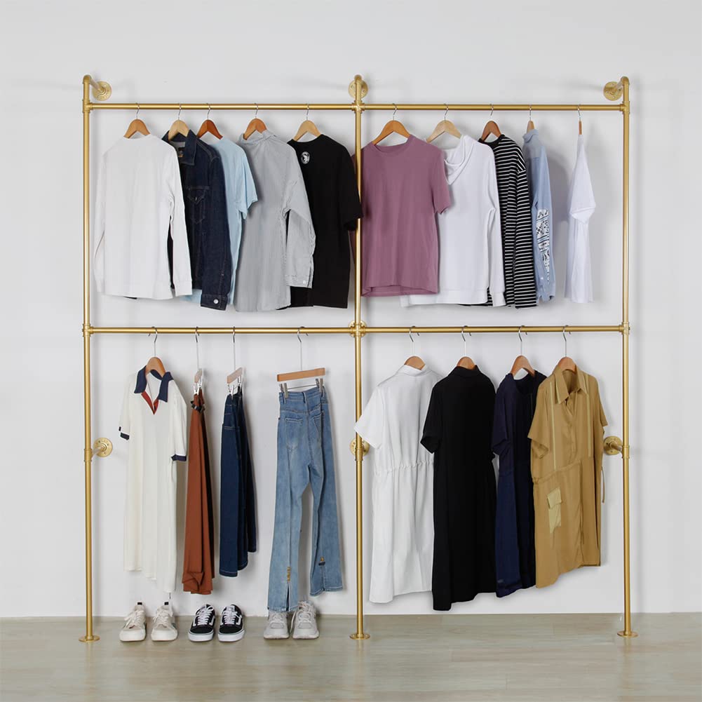 Heavy Duty Industrial Pipe Clothes Rack - 89.8 Inch Gold Metal Garment Rack for Clothing Store Display & Closet Storage - Wall Mounted Hanging Rod for Retail Shops, Boutiques, and Home Organization