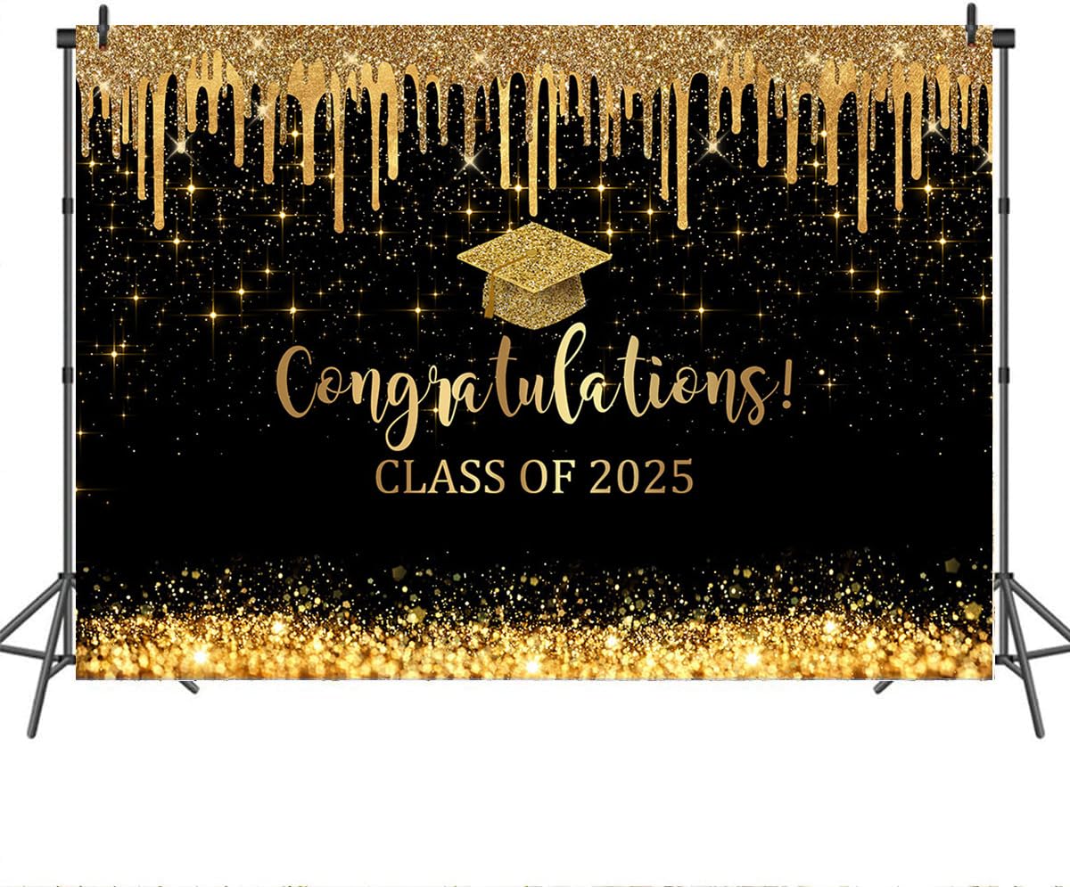 2025 Black & Gold Graduation Backdrop 7x5ft - Class of 2025 Congrats Grad Banner & Photo Background - Perfect for Graduation Parties, School Events & Photo Booths