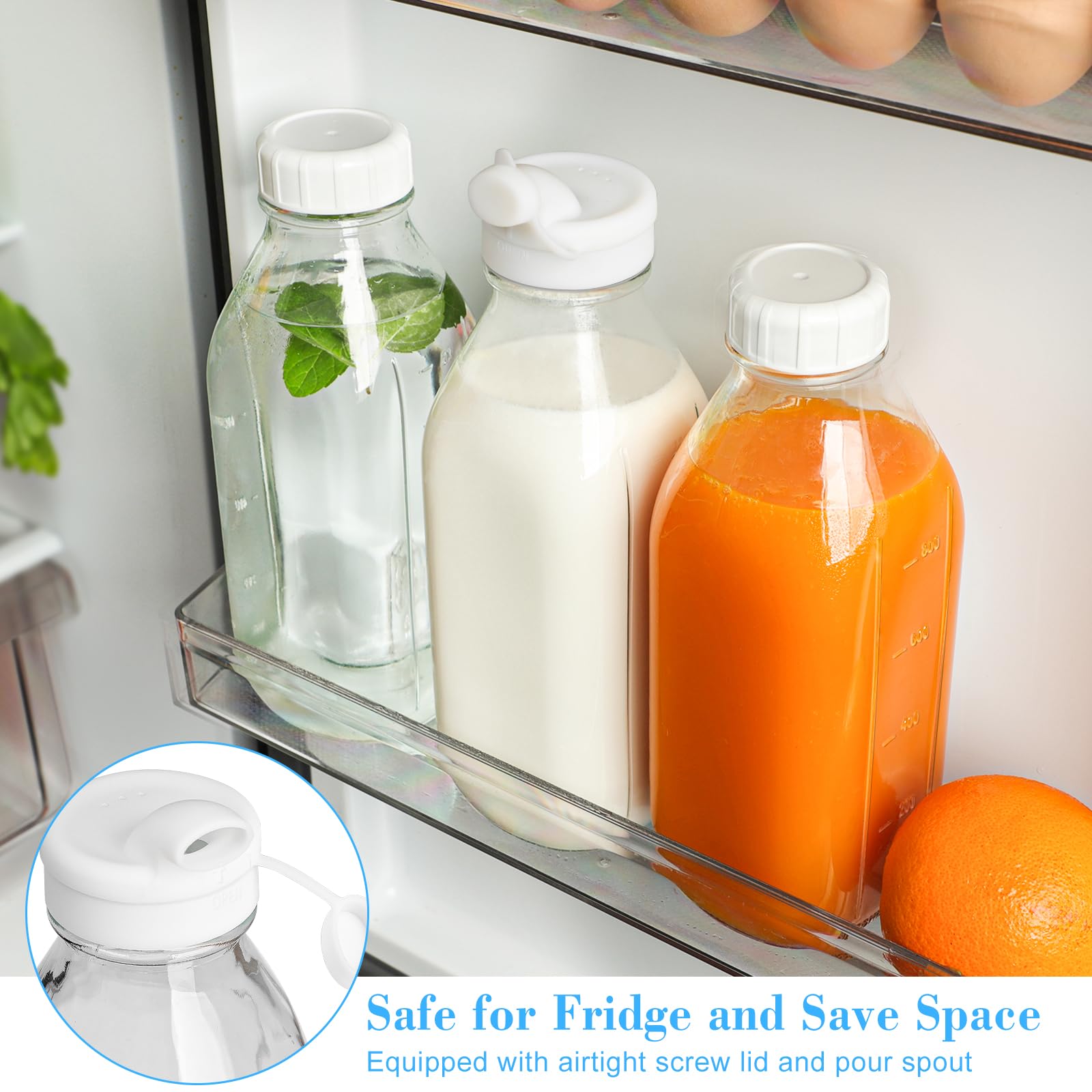 32oz Reusable Glass Milk Bottles with Dispenser Cap - 2 Pack Airtight Heavy Duty Screw Lid Set for Breast Milk, Buttermilk, Juice & Water | Perfect for Baby Feeding, Kitchen Storage & Beverage Dispensing