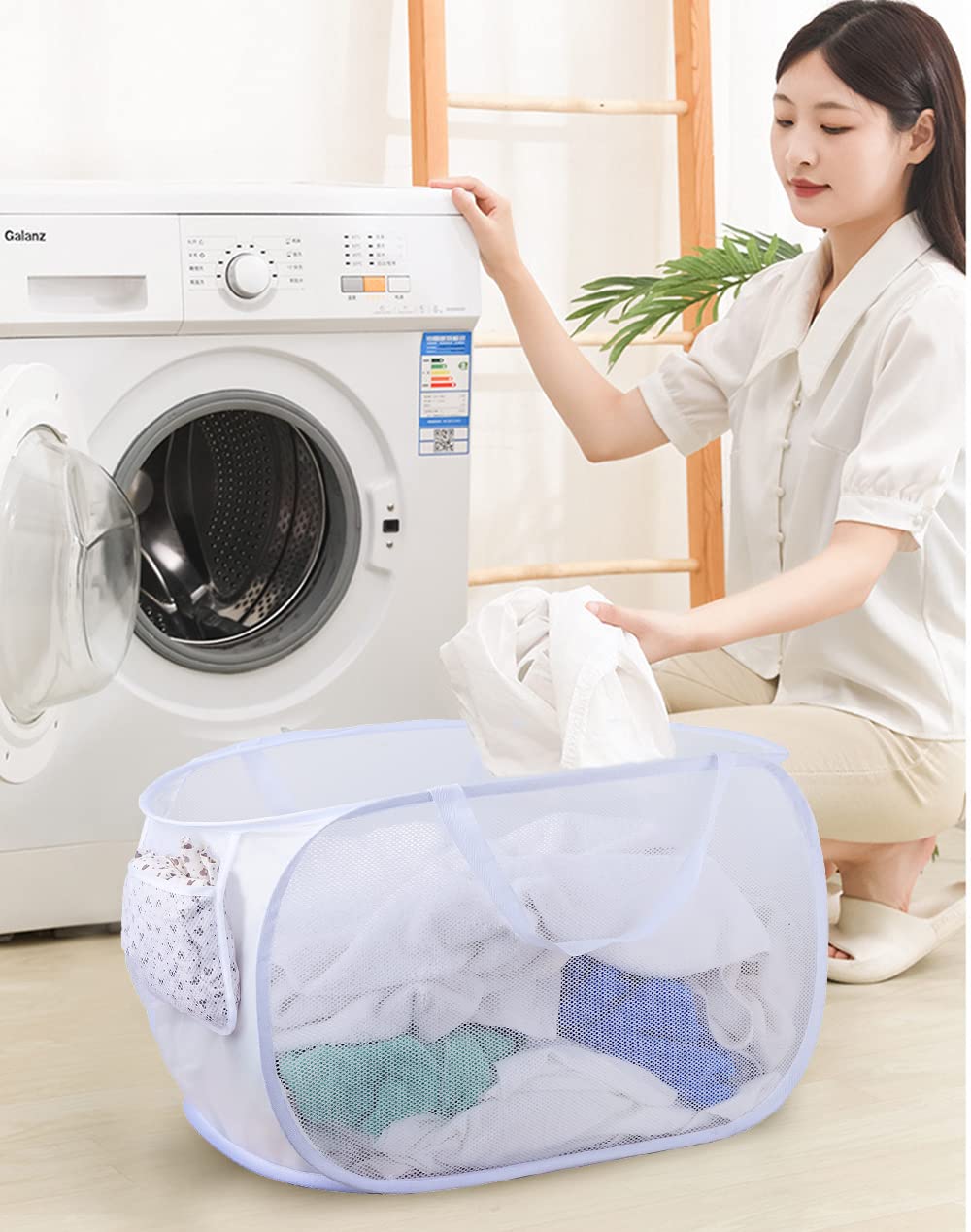 Collapsible Laundry Baskets - Foldable Mesh Pop Up Laundry Hamper with 2 Reinforced Handles (Set of 2, White) - Perfect for Small Spaces, Dorm Rooms, and Travel Storage