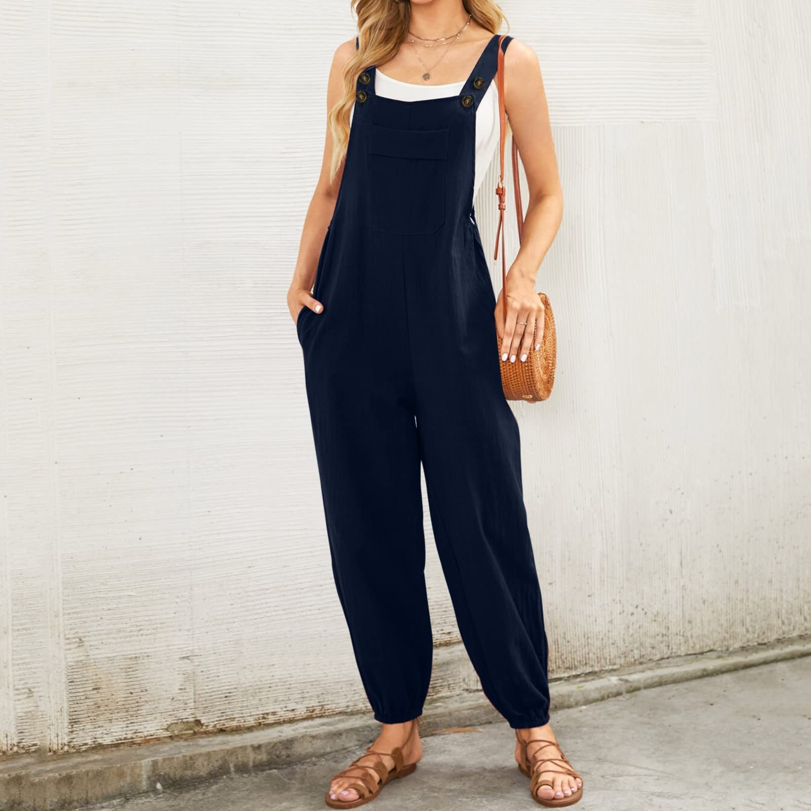 SNKSDGM Women's Casual Summer Rompers - Sleeveless Loose Strap Jumpsuit with Pockets, Long Pants Overalls for 2024 | Perfect for Beach Outings, Music Festivals & Summer Travel