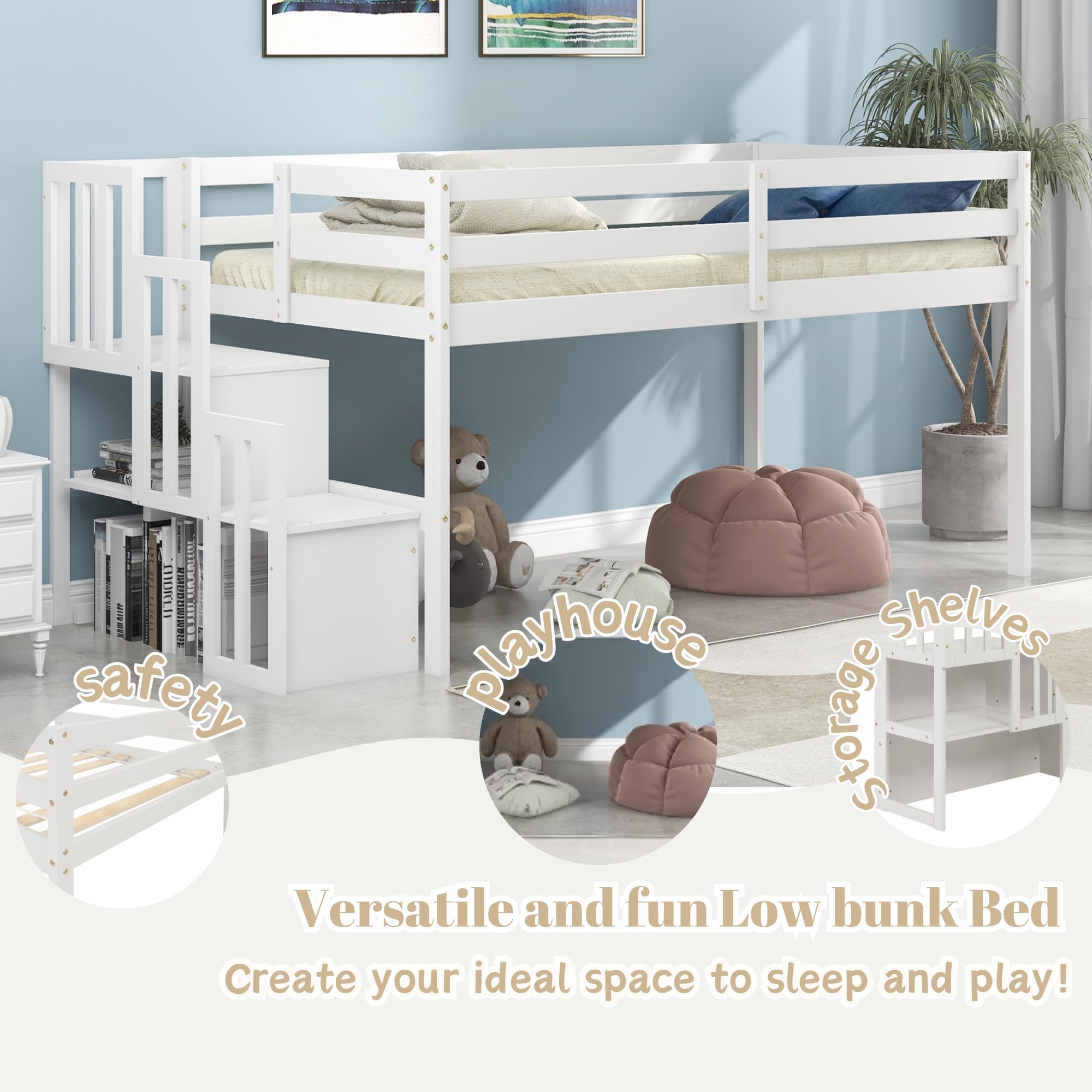 Bellemave Twin Size Low Loft Bed with Stairs & Storage - Sturdy Wooden Bed Frame for Kids, Teens, Boys & Girls - White - Perfect for Small Bedrooms, Dorm Rooms & Kids' Spaces