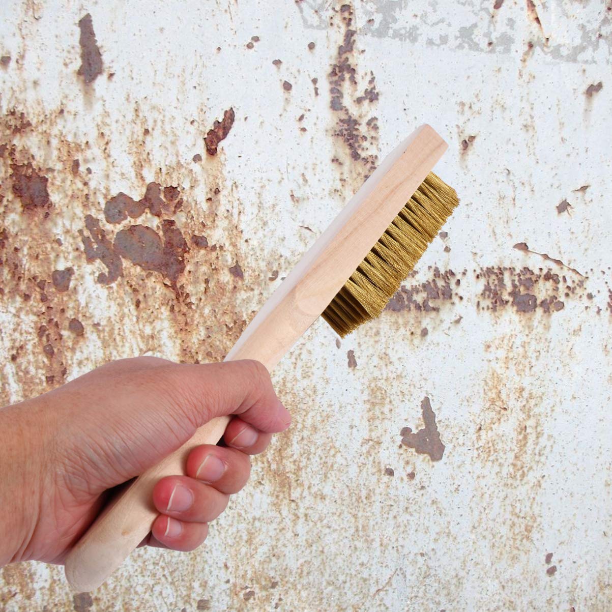 DOITOOL Stainless Steel Wire Brush - Heavy Duty Rust Remover for Metal, Cast Iron Pans & Woks | Wood Handle Dish Scrubber for Kitchen Cleaning, Grill Grate Maintenance & Masonry Work | Portable Derusting Brush with Metal Bristles