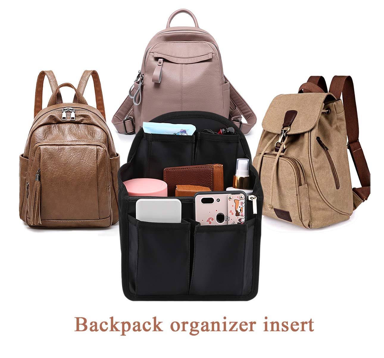 Deesoo Functional Backpack Organizer Insert - Small Travel Organizer for Rucksack, Diaper Bag, Purse (Black) - Perfect for Travel, Work, School & Daily Commute