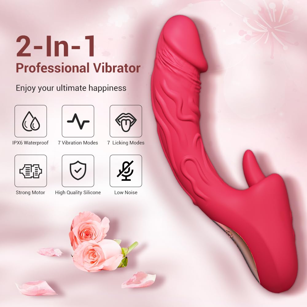7-Speed G Spot Vibrator & Rabbit Tongue Dildo - Dual Stimulation Adult Sex Toy for Women with Realistic Thrusting & Flapping Motion - Perfect for Solo Play & Couples Foreplay (Red)