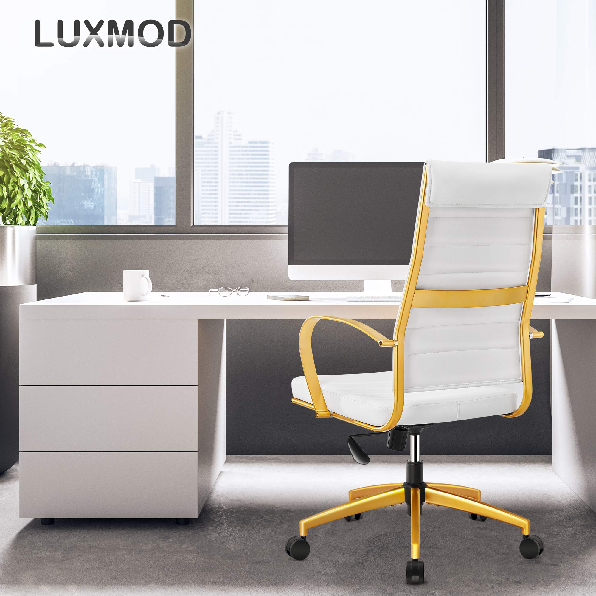 Ergonomic Office Chair - High Back Executive Desk Chair in White Vegan Leather with Gold Accents, Adjustable Height & Lumbar Support for Home Office, Perfect for Long Work Hours & Video Conferencing (White)