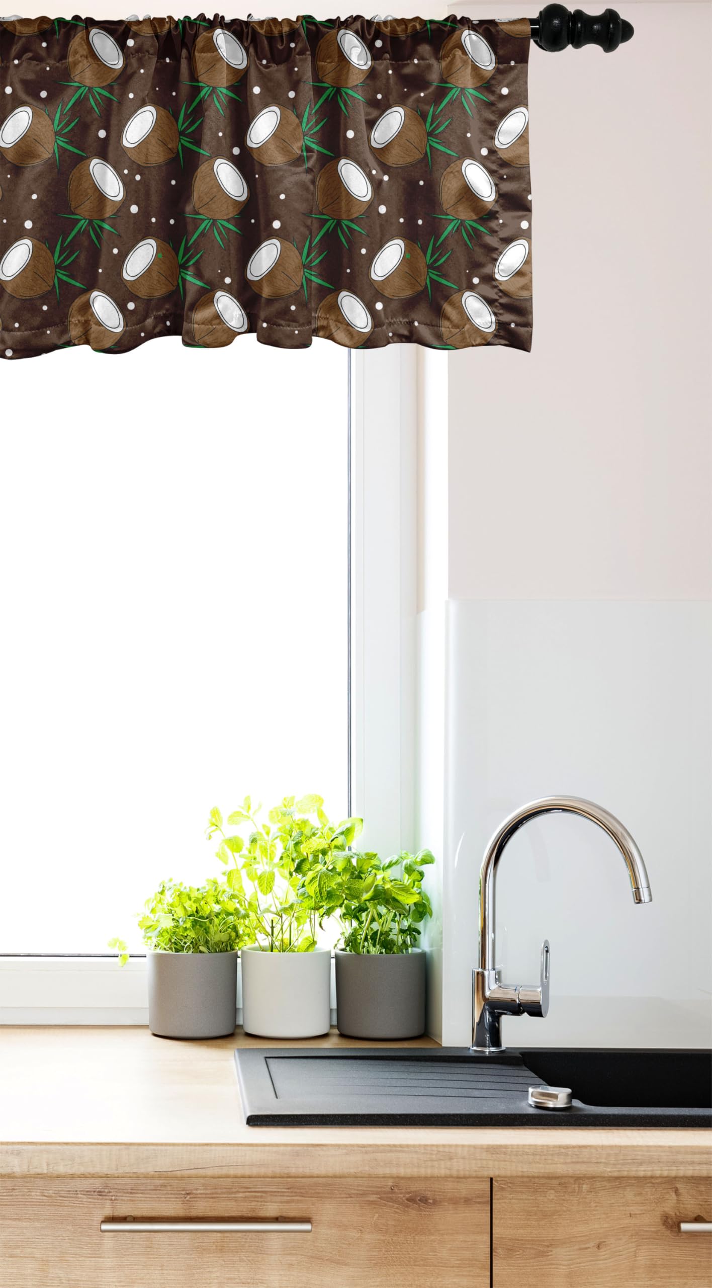 Ambesonne Chocolate Brown Window Valance Set of 2 - Tropical Coconut & Dot Pattern Rod Pocket Curtains for Kitchen & Bedroom - 54