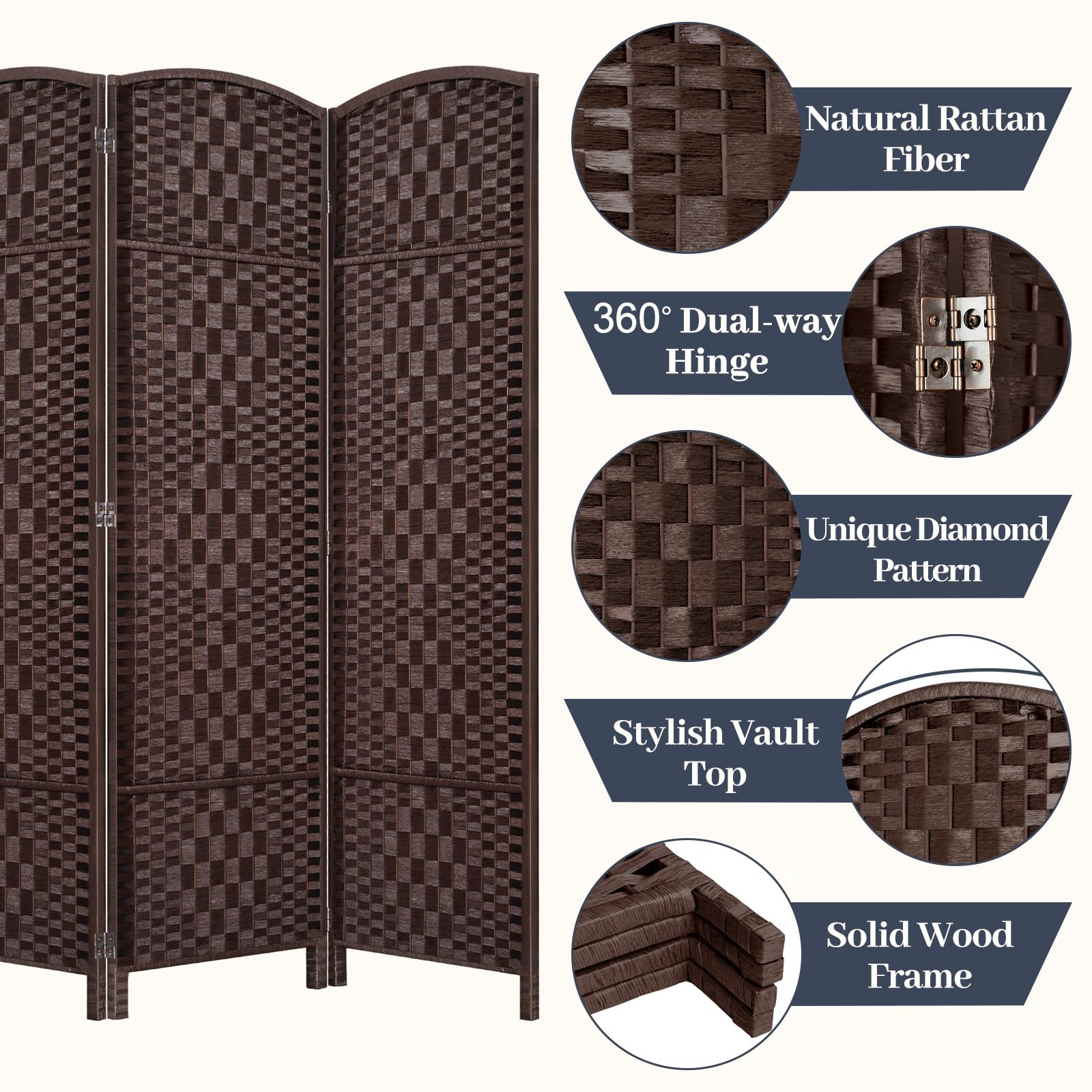 6FT Room Divider Folding Privacy Screen - 8 Panel Brown Space Separator for Home Office, Bedroom Partition & Room Separation - Portable Wall Divider for Indoor Privacy & Space Organization