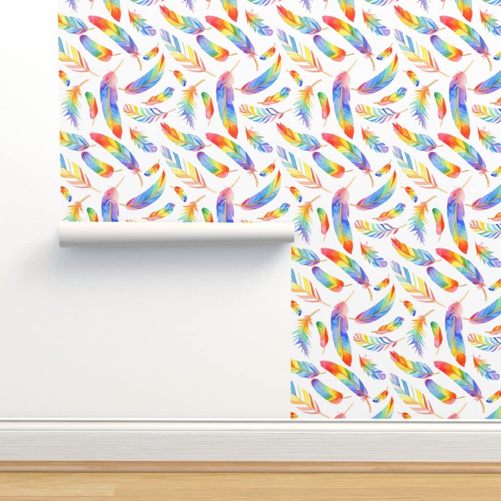12ft x 2ft Removable Wallpaper - Rainbow Feathers Nature Woodland Nursery Design | Gender Neutral & Pre-Pasted Peel & Stick Wallpaper by Spoonflower | Perfect for Baby Rooms, Kids Bedrooms & Home Decor