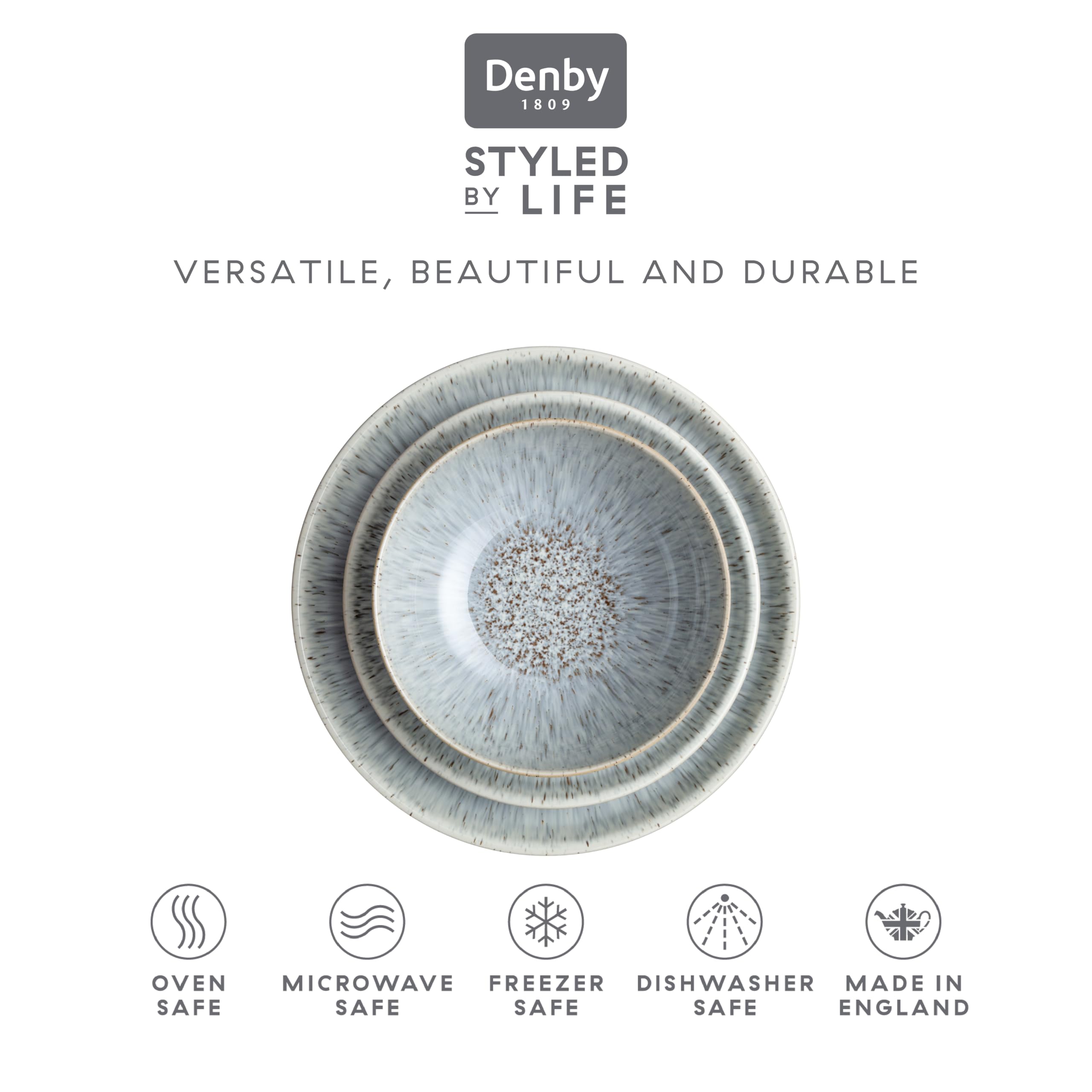 Denby Halo Speckle 12-Piece Ceramic Dinner Set for 4 - Stoneware Tableware (4 Dinner Plates, 4 Medium Plates, 4 Cereal Bowls) - Dishwasher & Microwave Safe - Reactive Glaze Grey - Perfect for Family Dinners, Entertaining Guests & Everyday Use