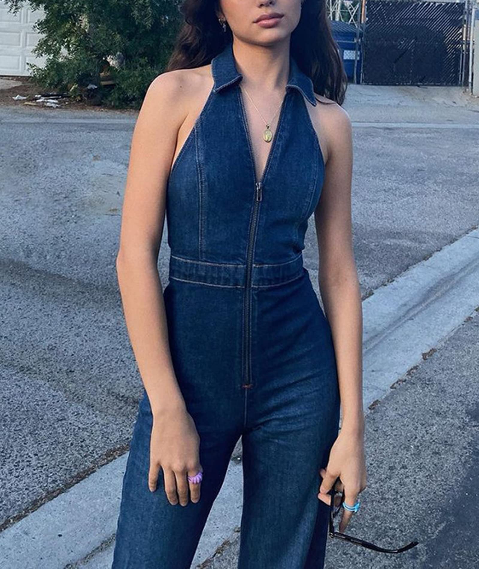SEMATOMALA Women's Sleeveless Y2K Denim Jumpsuit - Flared Leg Romper with Halter Neck, Tank Top Style, Maxi Overalls for Casual Wear, Street Style & Summer Outfits