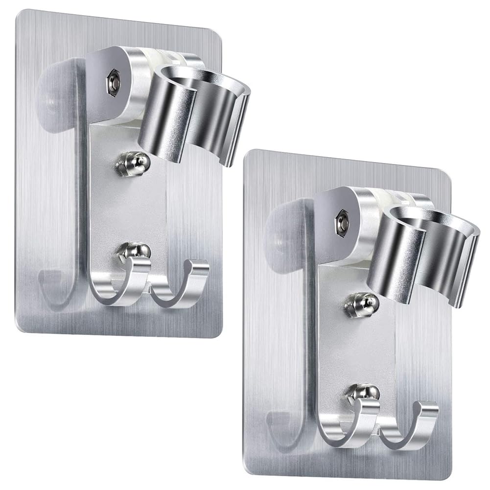 2-Piece Adjustable Shower Head Holder - No Drill Wall Mount with Strong Adhesive, Universal Shower Wand & Hose Bracket for Bathroom, Perfect for Renters & Homeowners