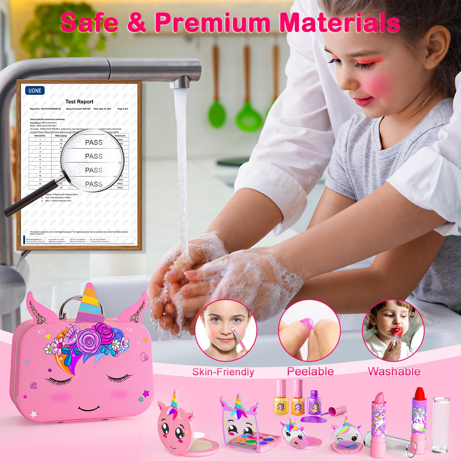 Unicorn Kids Makeup Kit for Girls Ages 3-12 - 2 in 1 Washable Play Makeup & Nail Art Set with Cosmetic Case | Safe Non-Toxic Pretend Play Cosmetics | Perfect Birthday Christmas Gift for Toddlers & Little Girls | Great for Dress-Up, Role Play & Party Fun