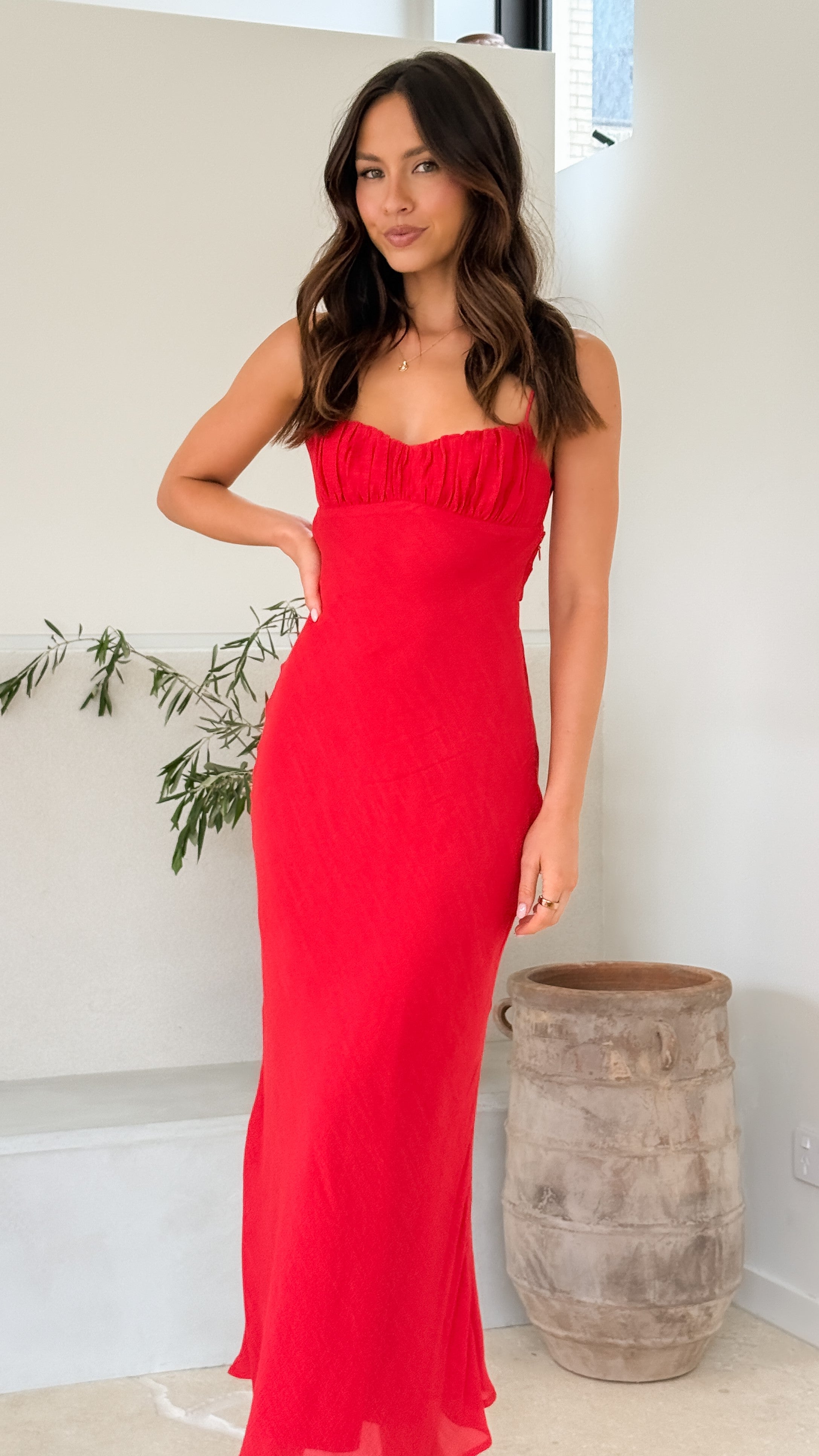 Galina Women's Maxi Dress in Red - Elegant Long Flowy Dress for Summer, Beach, Parties & Special Occasions
