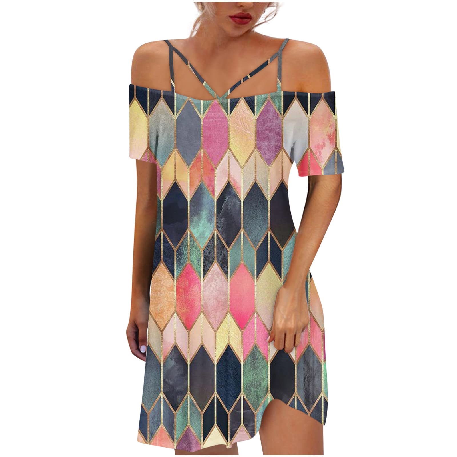 Women's Summer Cold Shoulder Floral Print Mini Dress - Strappy Short Sleeve Casual Party Dress for Ladies | Perfect for Beach Vacations, Date Nights & Summer Parties