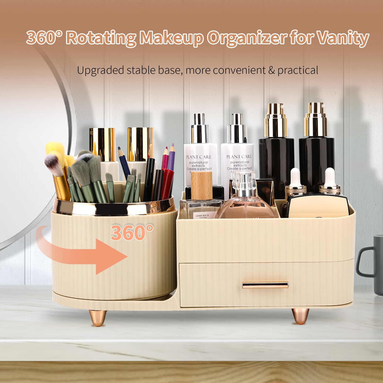 Beborxue 360° Rotating Makeup Organizer with Drawers - Large Capacity Cosmetic Display Case & Skincare Organizer for Lipstick, Brushes, Eyeshadow | Perfect for Vanity, Bathroom & Dressing Table Organization (Rice White)
