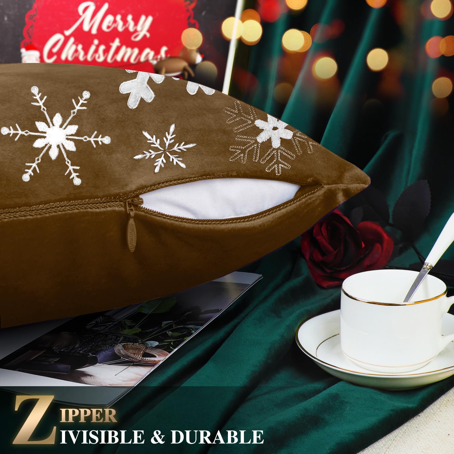 BRAWARM 18x18 Inch Christmas Snowflake Embroidered Velvet Pillow Cover - Soft Decorative Brown Throw Pillow for Couch, Bed, Sofa | Perfect for Living Room, Home Decor & Holiday Gift Giving