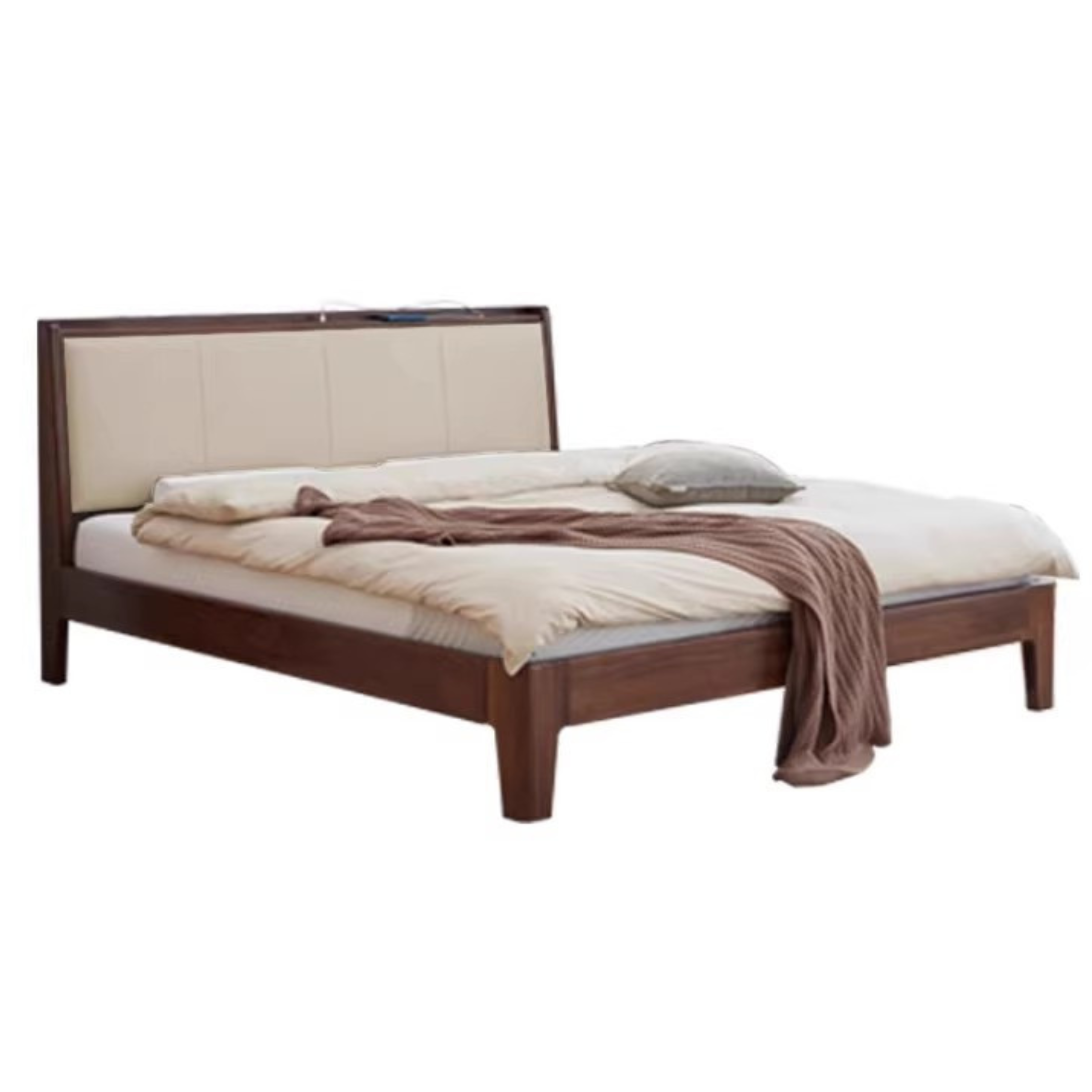 Rich Dark Walnut color Low-berth solid wood soft bed off-white