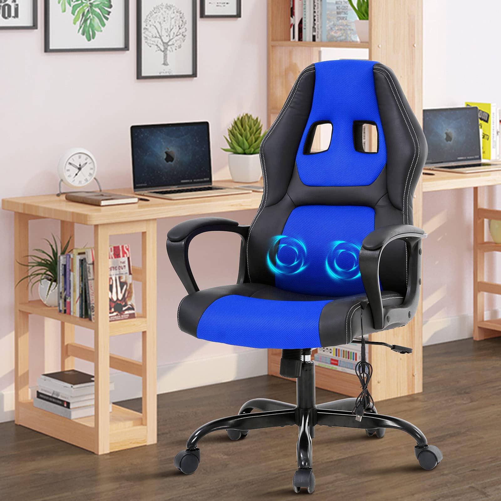 Ergonomic Gaming Office Chair with Lumbar Support & Headrest - Racing Style Computer Desk Chair with Padded Armrests, Massage Function & Swivel Base - Perfect for Home Office, Gaming Setup & Workstation (Blue)