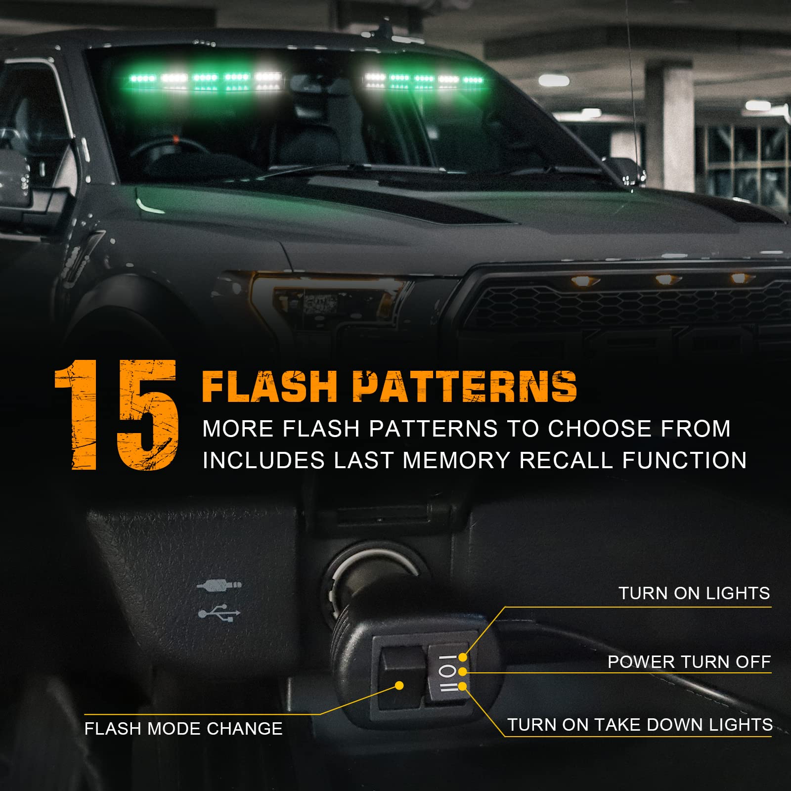 XRIDONSEN 34 Inch Green & White Emergency Strobe Light Bar - 40 LED Interior Windshield Visor Warning Lights for Firefighter Trucks, Vehicles with Take Down & Deck Split Mount - Ideal for Emergency Response, Roadside Safety, and Hazard Visibility