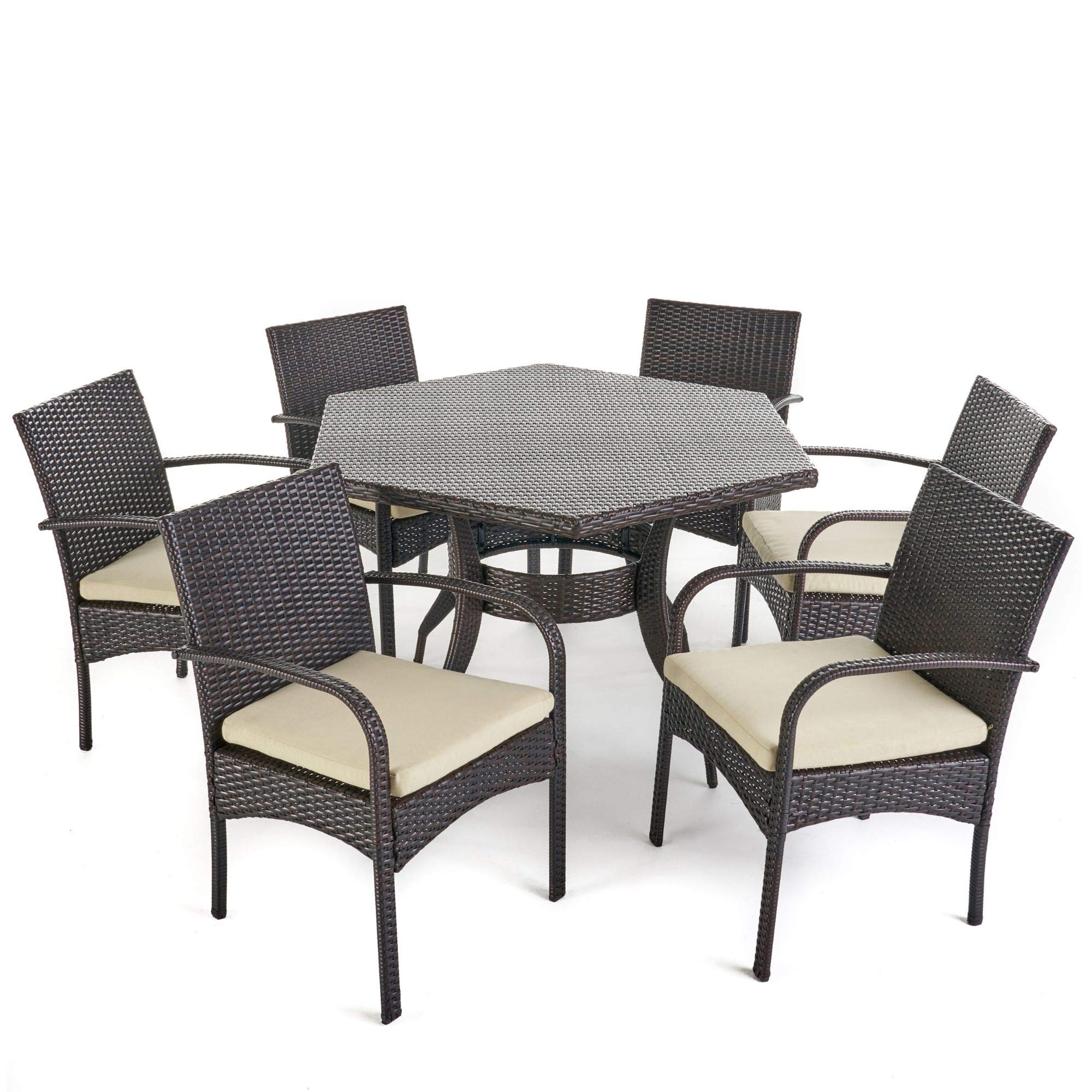 7-Piece Hexagon Wicker Outdoor Dining Set with Cream Cushions - Brown Finish Contemporary Patio Furniture for Garden, Backyard & Poolside Relaxation