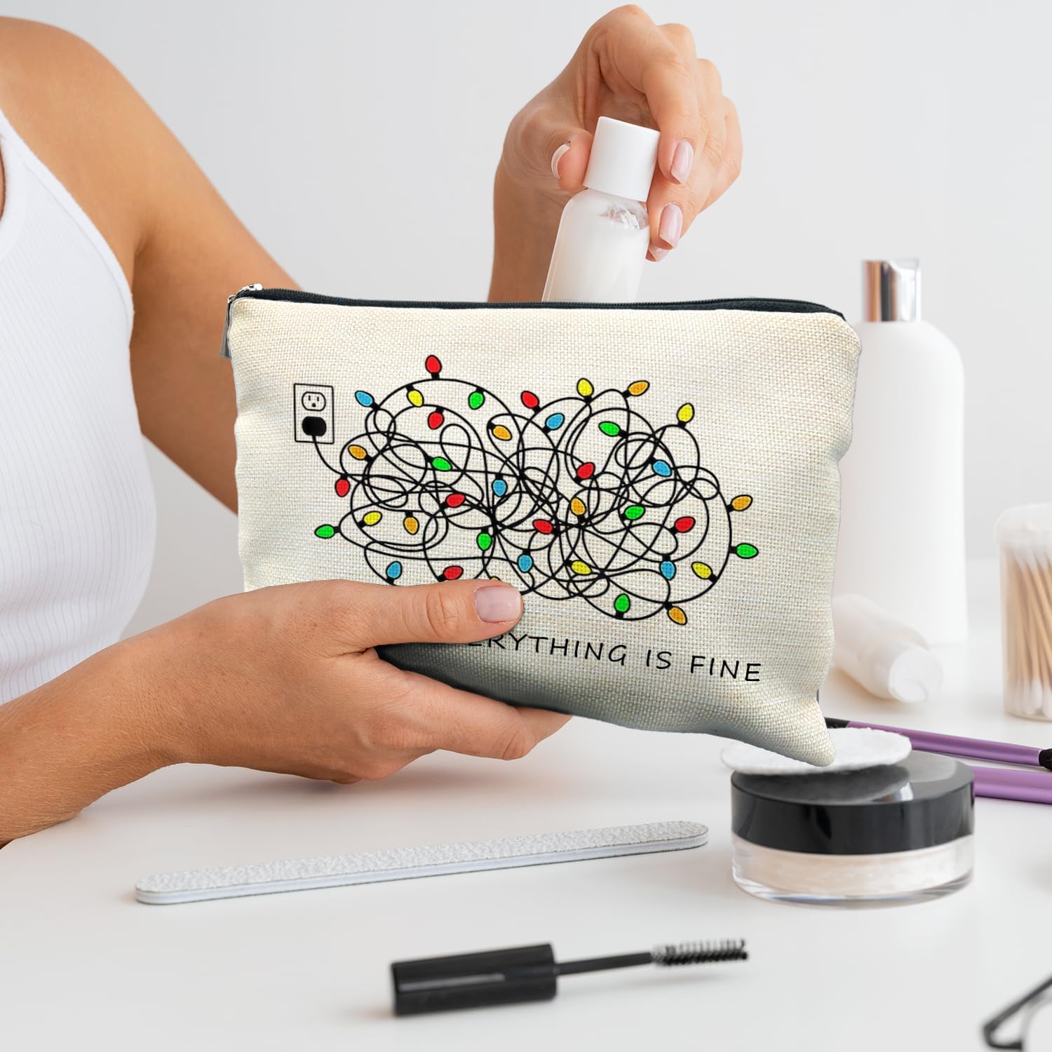 Daily Affirmations Makeup Bag for Women - Motivational Cosmetic Pouch with 'I'm Fine Everything Is Fine' Quote - Christmas Gifts for Her with Festive Lights Design (Perfect for Travel, Gym & Holiday Gift Giving)
