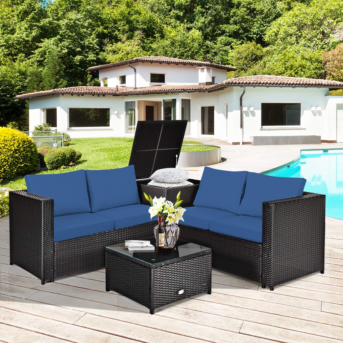 HappyGrill 4-Piece Patio Furniture Set - Outdoor Rattan Wicker Conversation Sofa with Storage Box & Tempered Glass Coffee Table - Perfect for Backyard, Garden, Porch, Poolside & Outdoor Entertaining