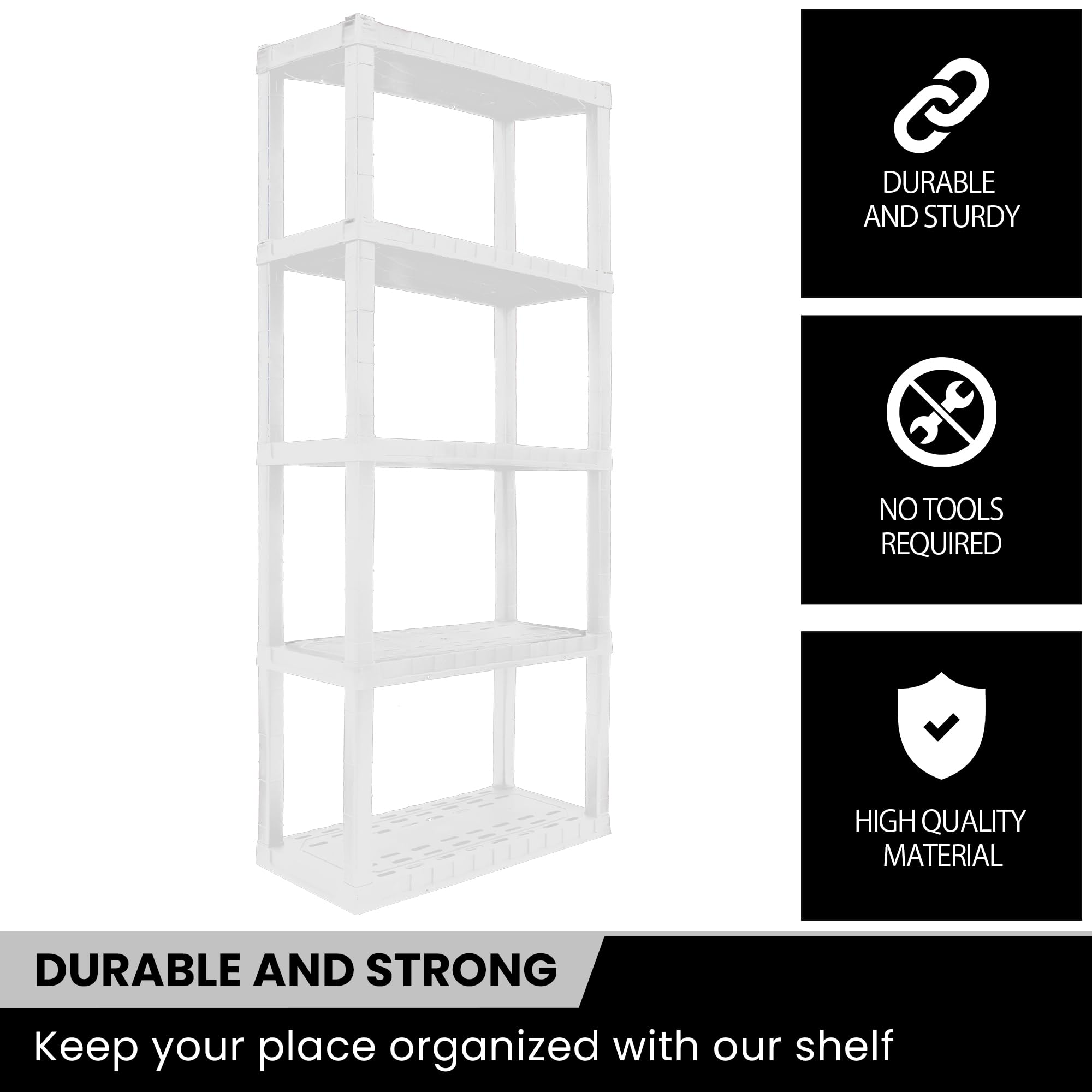Koolatron 5-Tier Heavy Duty Plastic Storage Shelf - White Garage Shelving Unit with Adjustable Racks - Ideal for Garage, Shed, Basement & Closet Organization - Perfect for Storing Tools, Sports Equipment & Household Items
