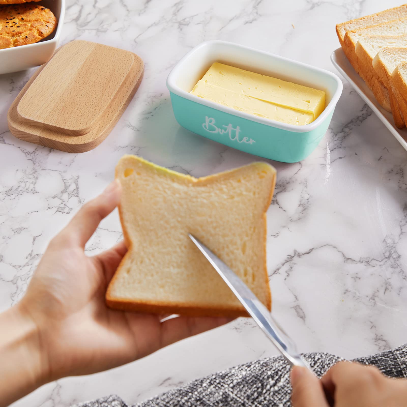 ALELION Turquoise Ceramic Butter Dish with Lid - Airtight Butter Keeper Container with Thick Beech Wood Cover - Modern Farmhouse Kitchen Decor for Countertop - Perfect for Dining Table, Breakfast Nook & Farmhouse Style Kitchens