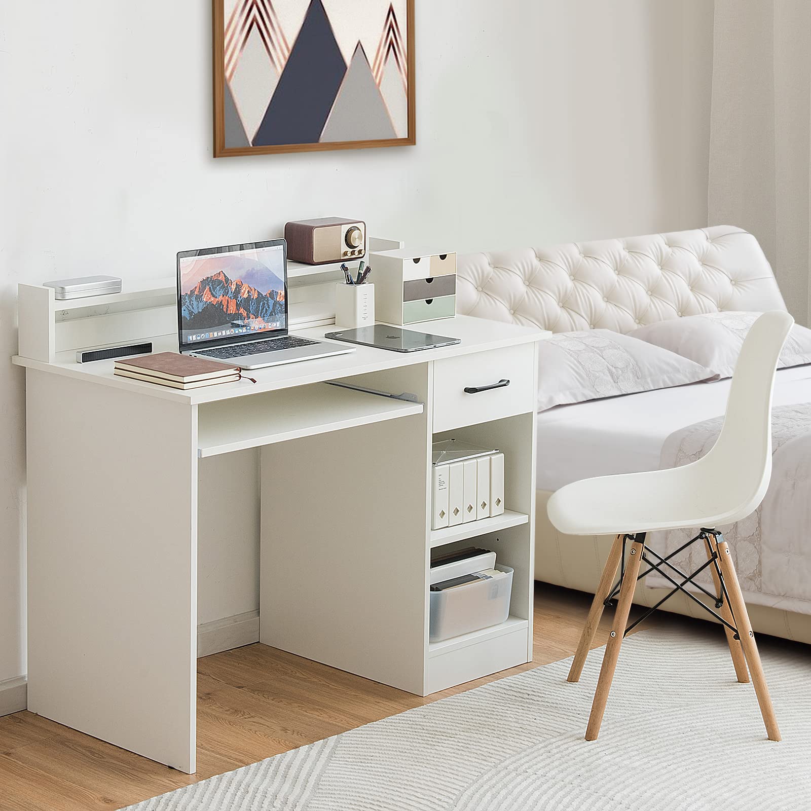 COSTWAY Computer Desk with Hutch - Home Office Desk with Drawer, Adjustable Shelf & Keyboard Tray | Study Writing Desk & Executive Workstation for Living Room, Bedroom & Office (White) | Perfect for Remote Work, Online Classes & Home Office Setup
